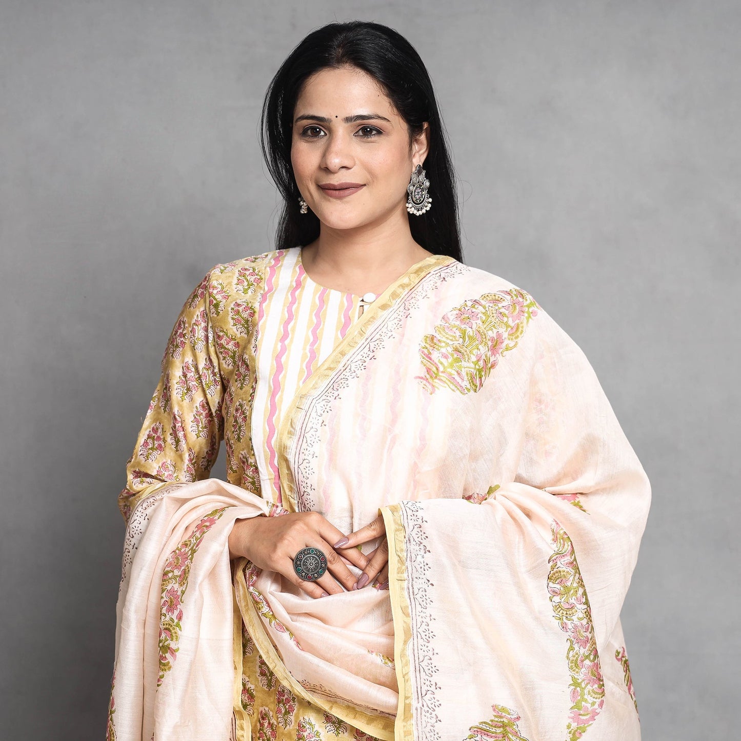 Sanganeri Block Printed Chanderi Silk Kurta with Palazzo & Dupatta Set
