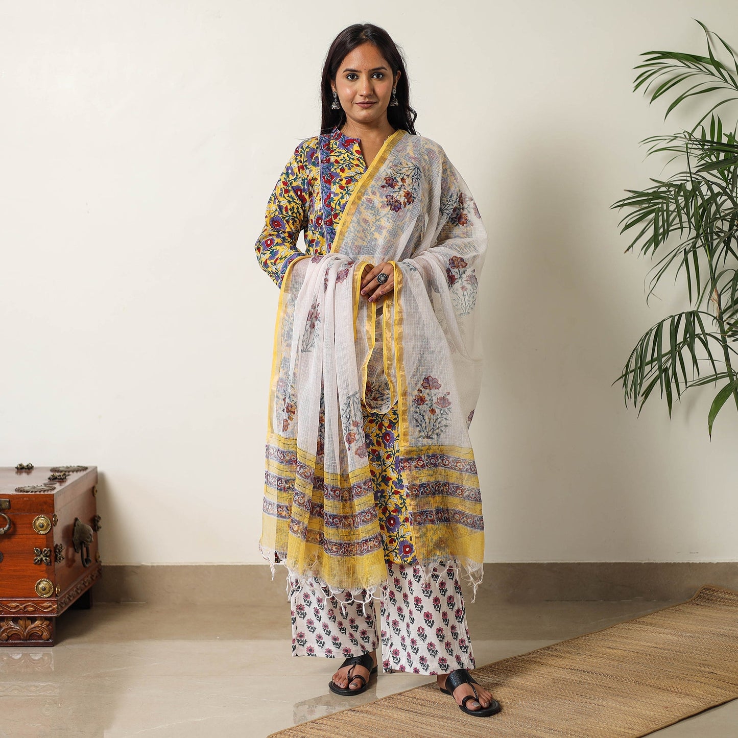 Sanganeri Block Printed Cotton Kurta with Palazzo & Dupatta Set 05