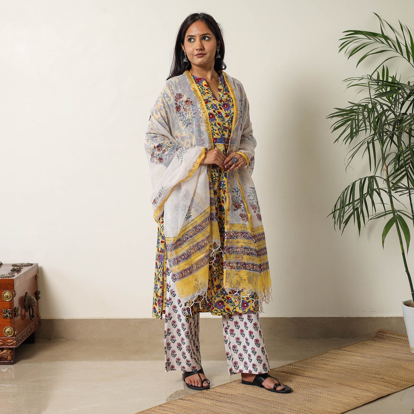 Sanganeri Block Printed Cotton Kurta with Palazzo & Dupatta Set 05