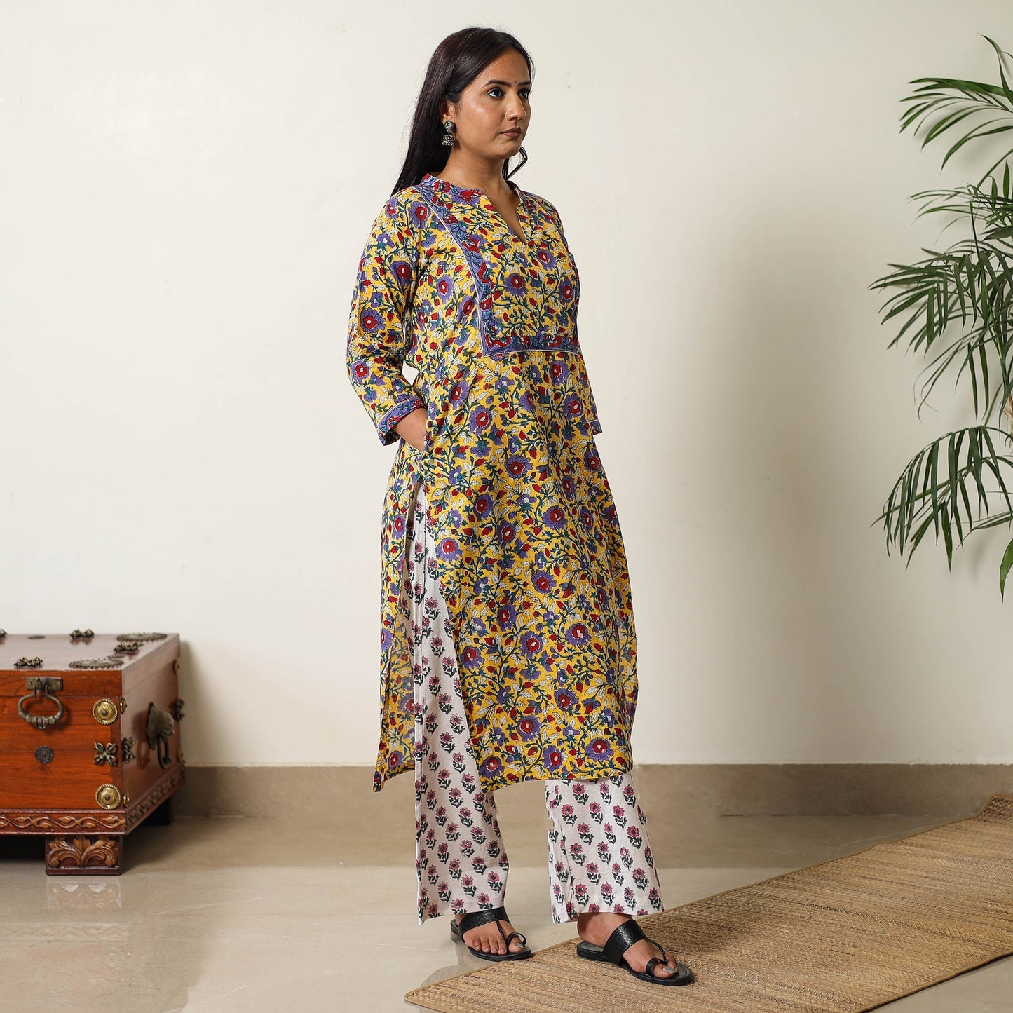Sanganeri Block Printed Cotton Kurta with Palazzo & Dupatta Set 05