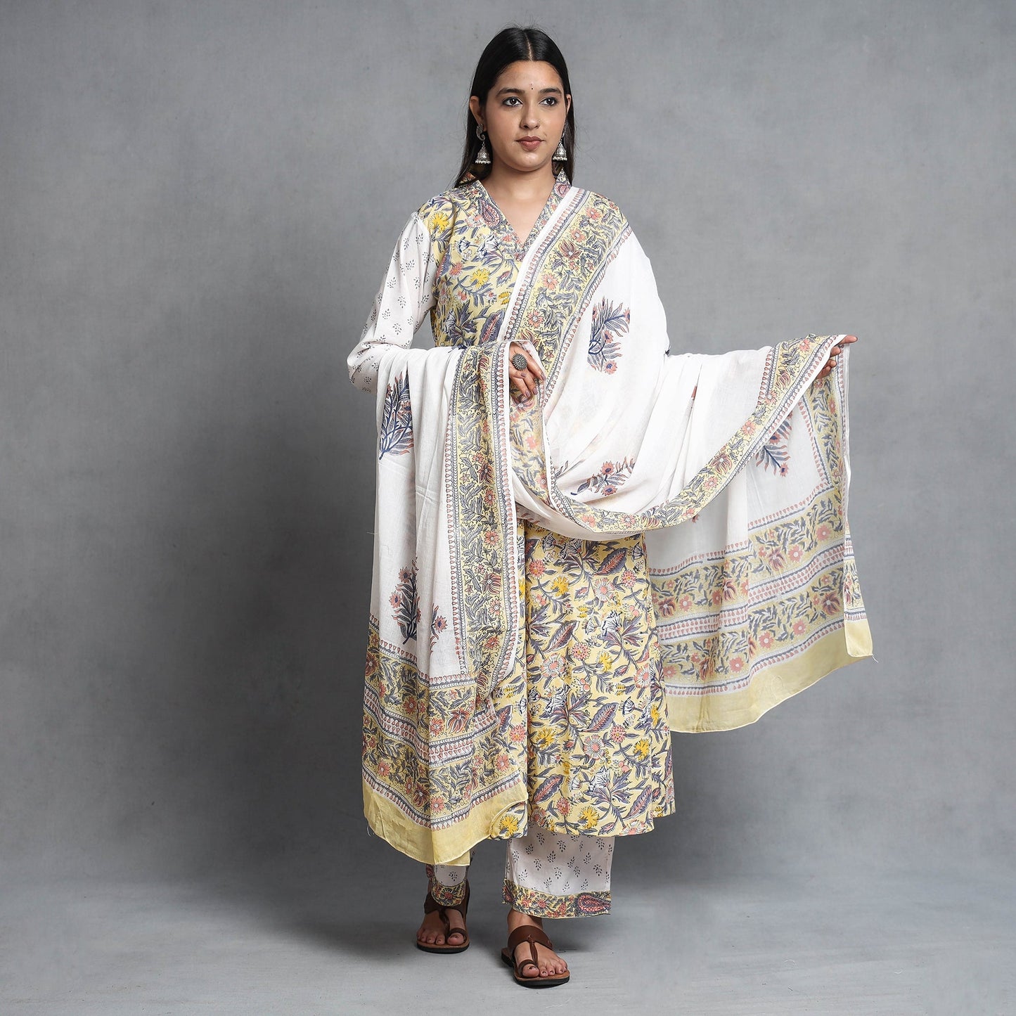 Sanganeri Block Printed Cotton Kurta with Palazzo & Dupatta Set