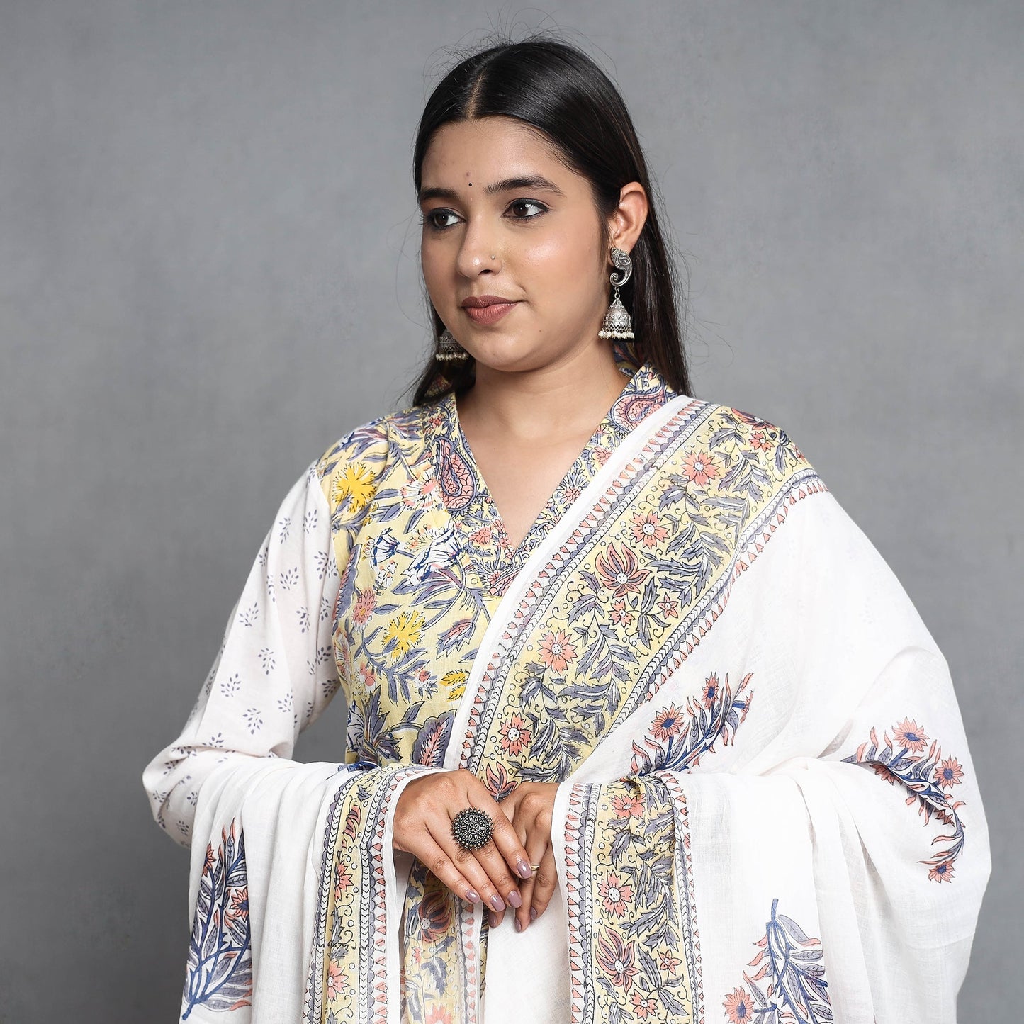 Sanganeri Block Printed Cotton Kurta with Palazzo & Dupatta Set