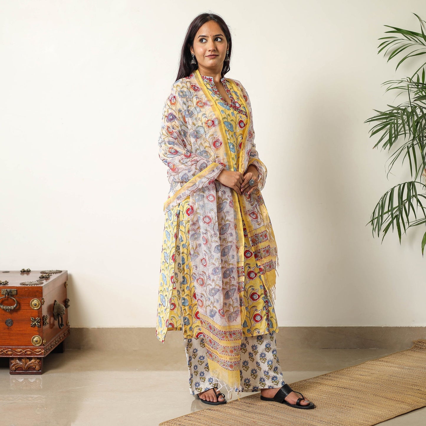 Sanganeri Block Printed Cotton Kurta with Palazzo & Dupatta Set 03 Online at iTokri.com