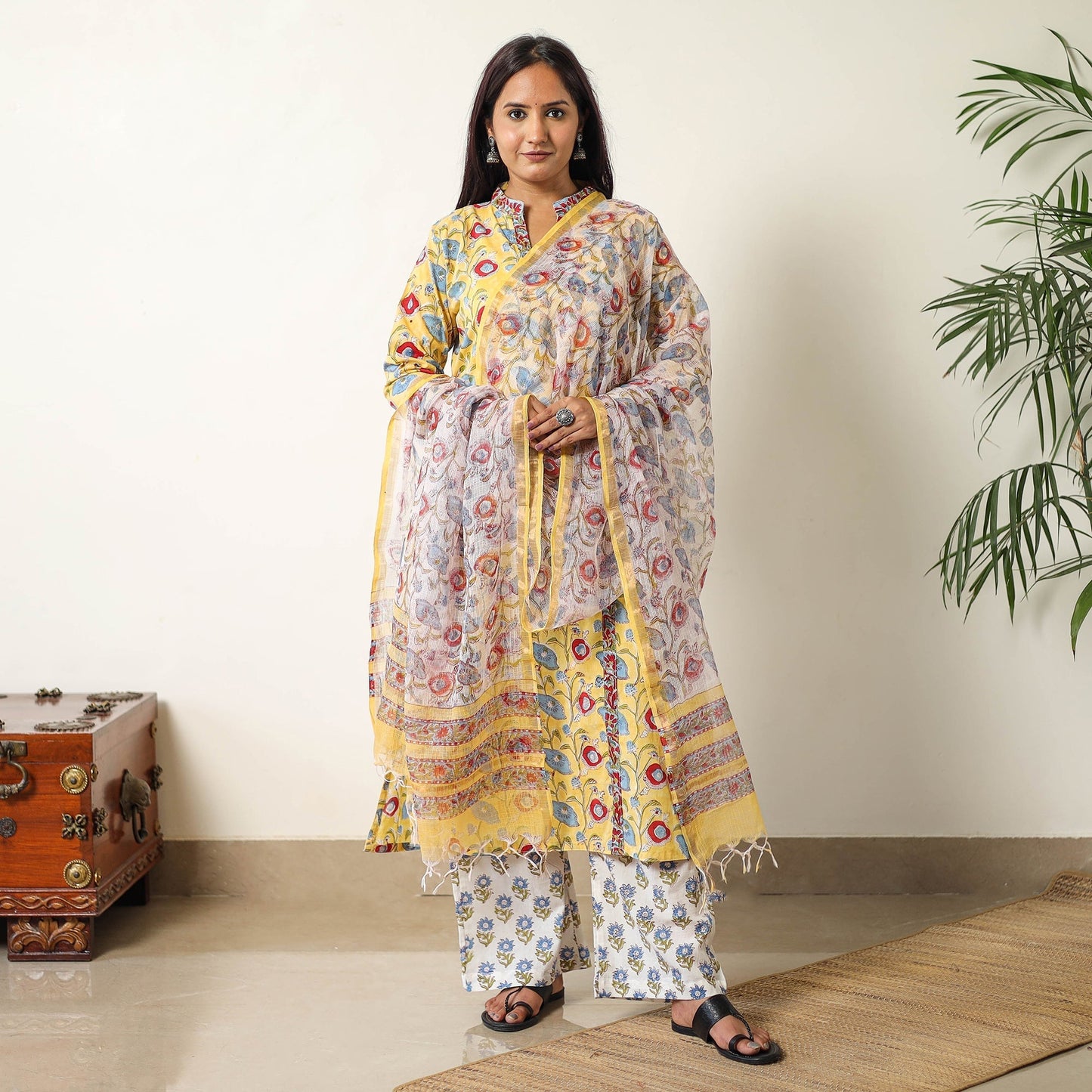 Sanganeri Block Printed Cotton Kurta with Palazzo & Dupatta Set 03 Online at iTokri.com