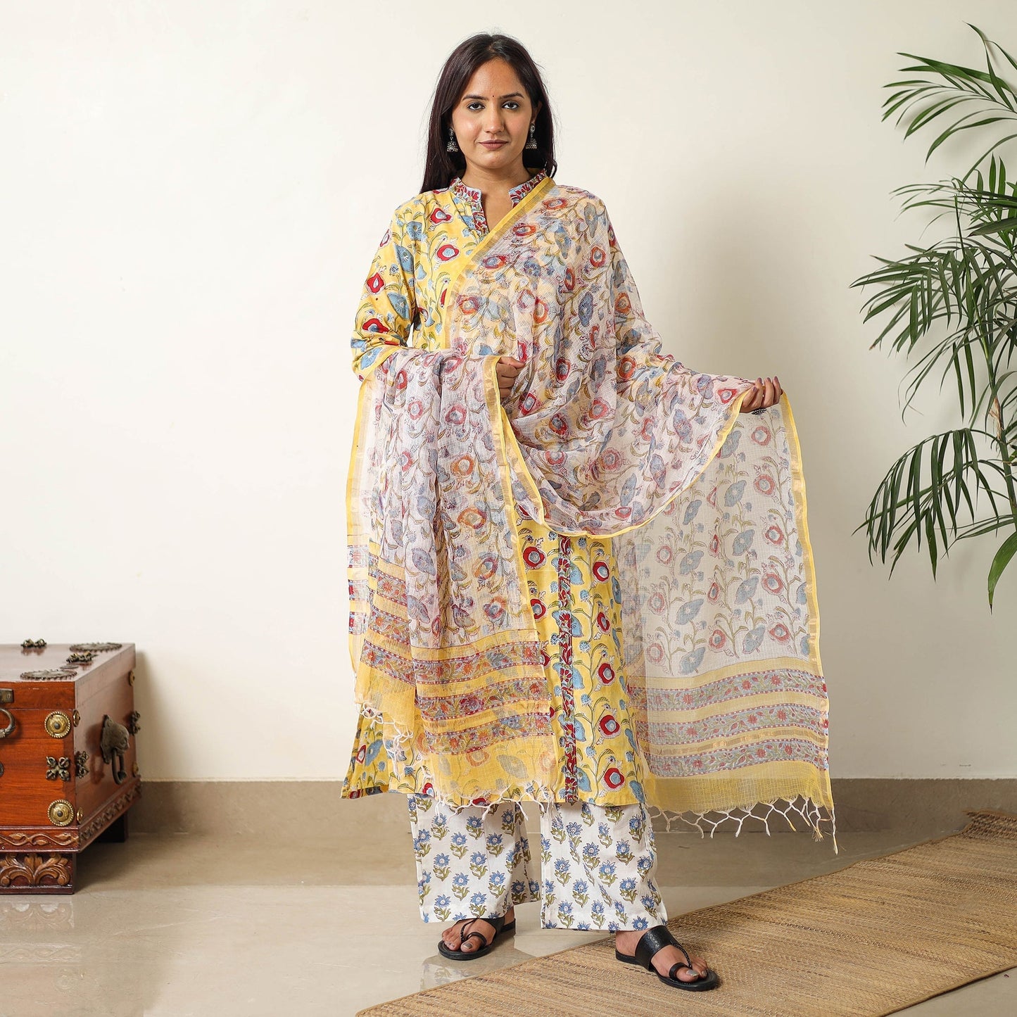 Sanganeri Block Printed Cotton Kurta with Palazzo & Dupatta Set 03 Online at iTokri.com