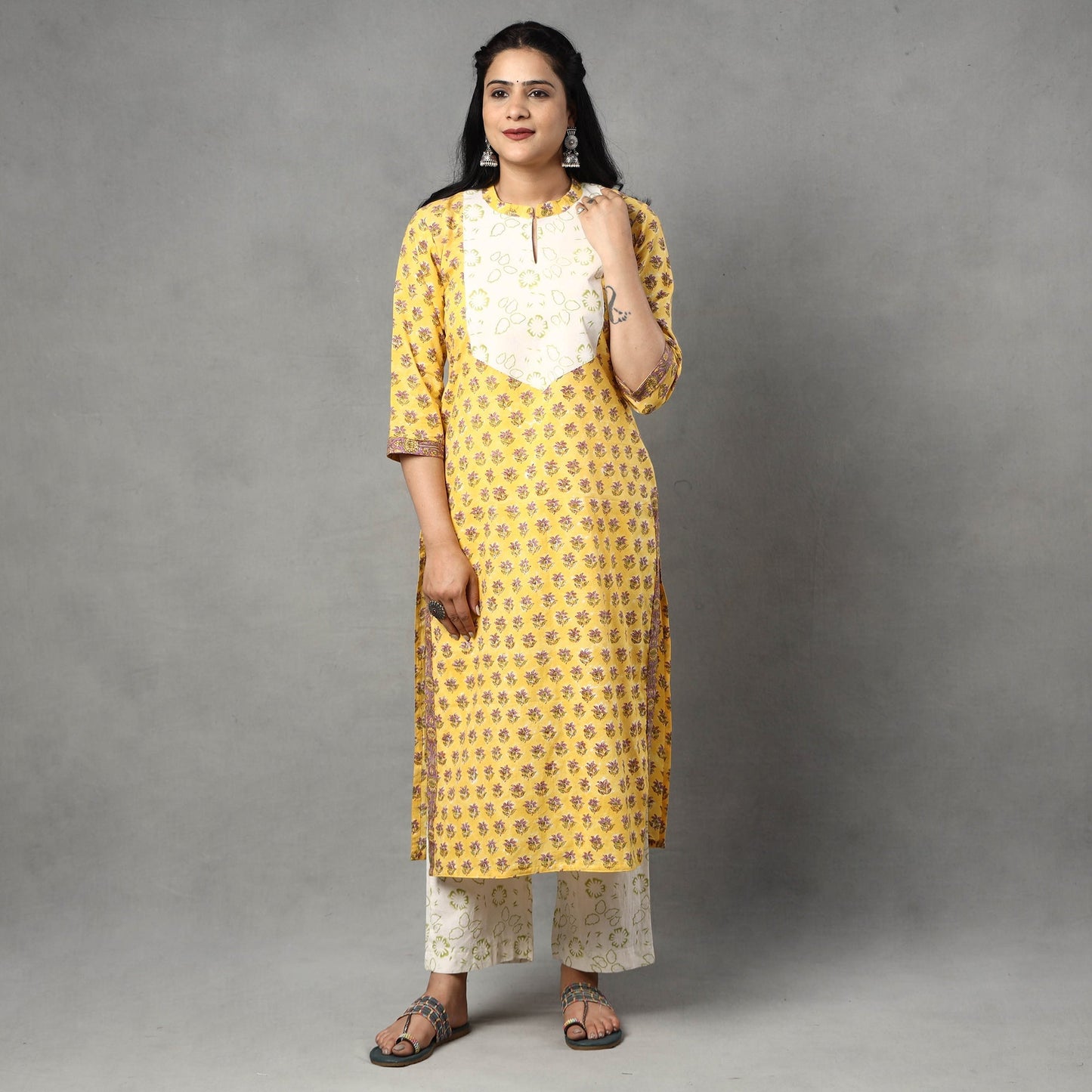 Sanganeri Block Printed Cotton Kurta with Palazzo & Dupatta Set