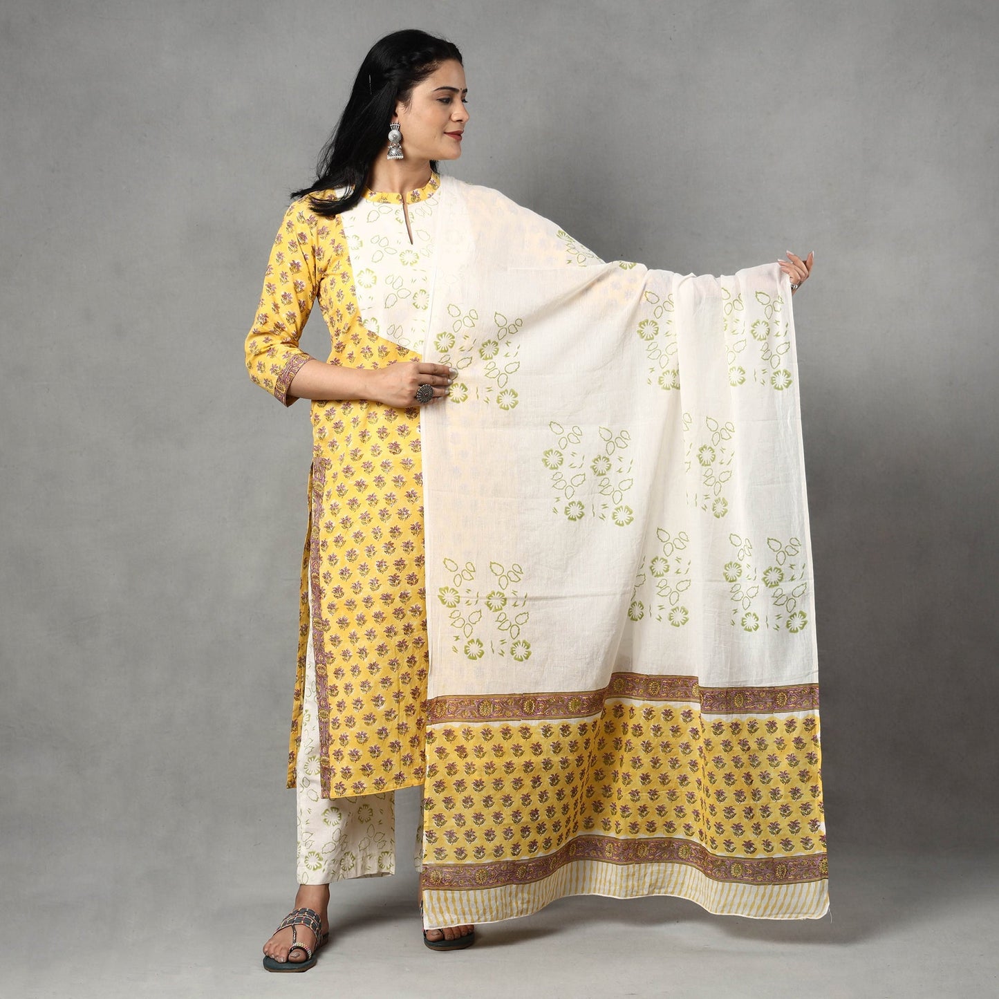 Sanganeri Block Printed Cotton Kurta with Palazzo & Dupatta Set