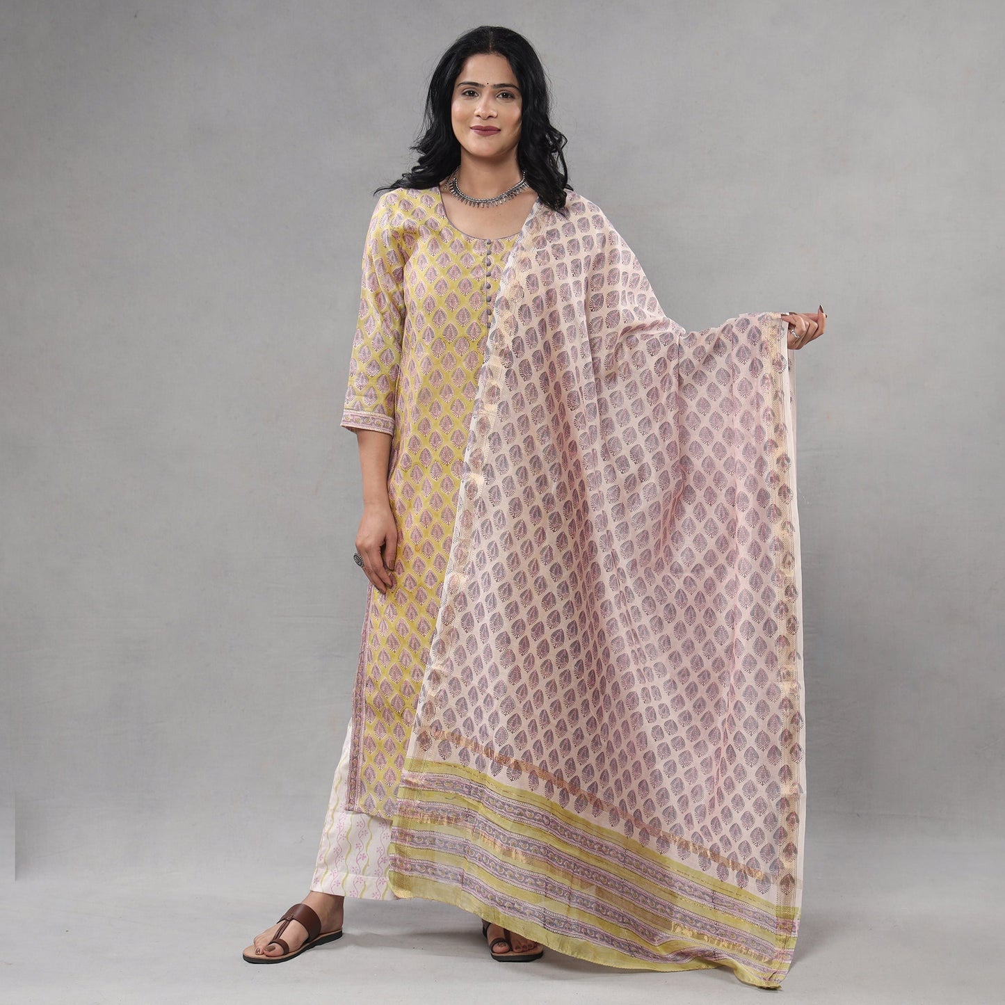 Yellow - sanganeri printing maheshwari silk kurta