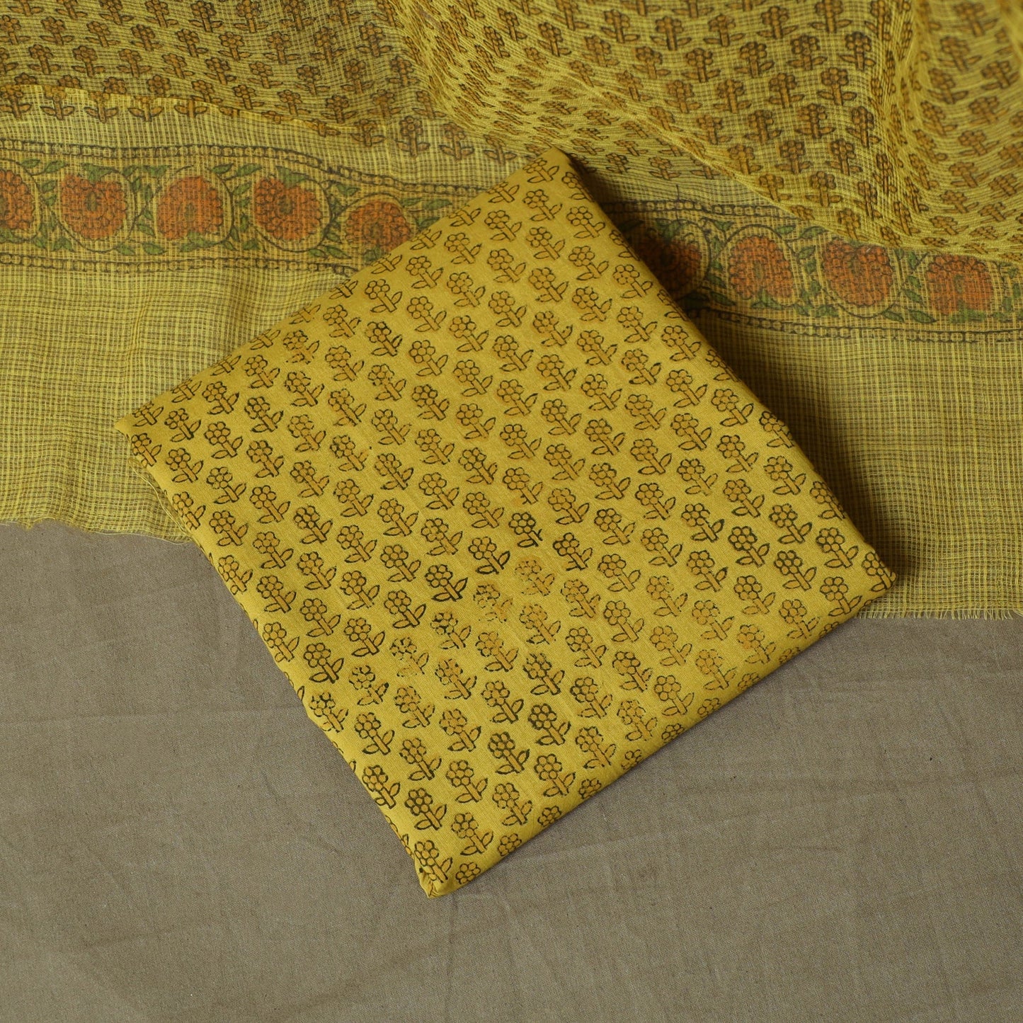 Sanganeri hand block print cotton 3pc unstitched dress