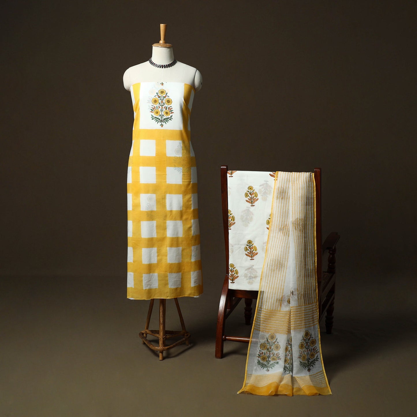 Sanganeri hand block print cotton 3pc unstitched dress