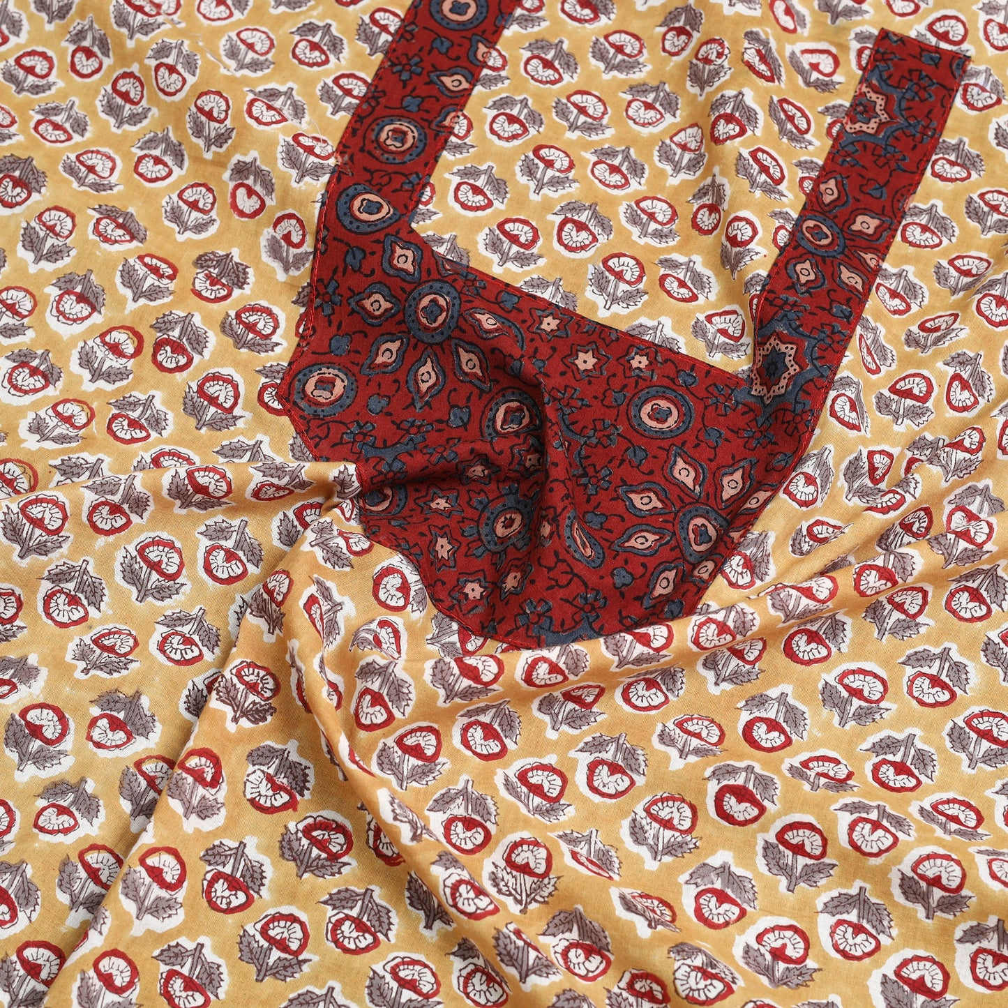 Buy Yellow Sanganeri Print Patchwork Cotton Kurta Material
