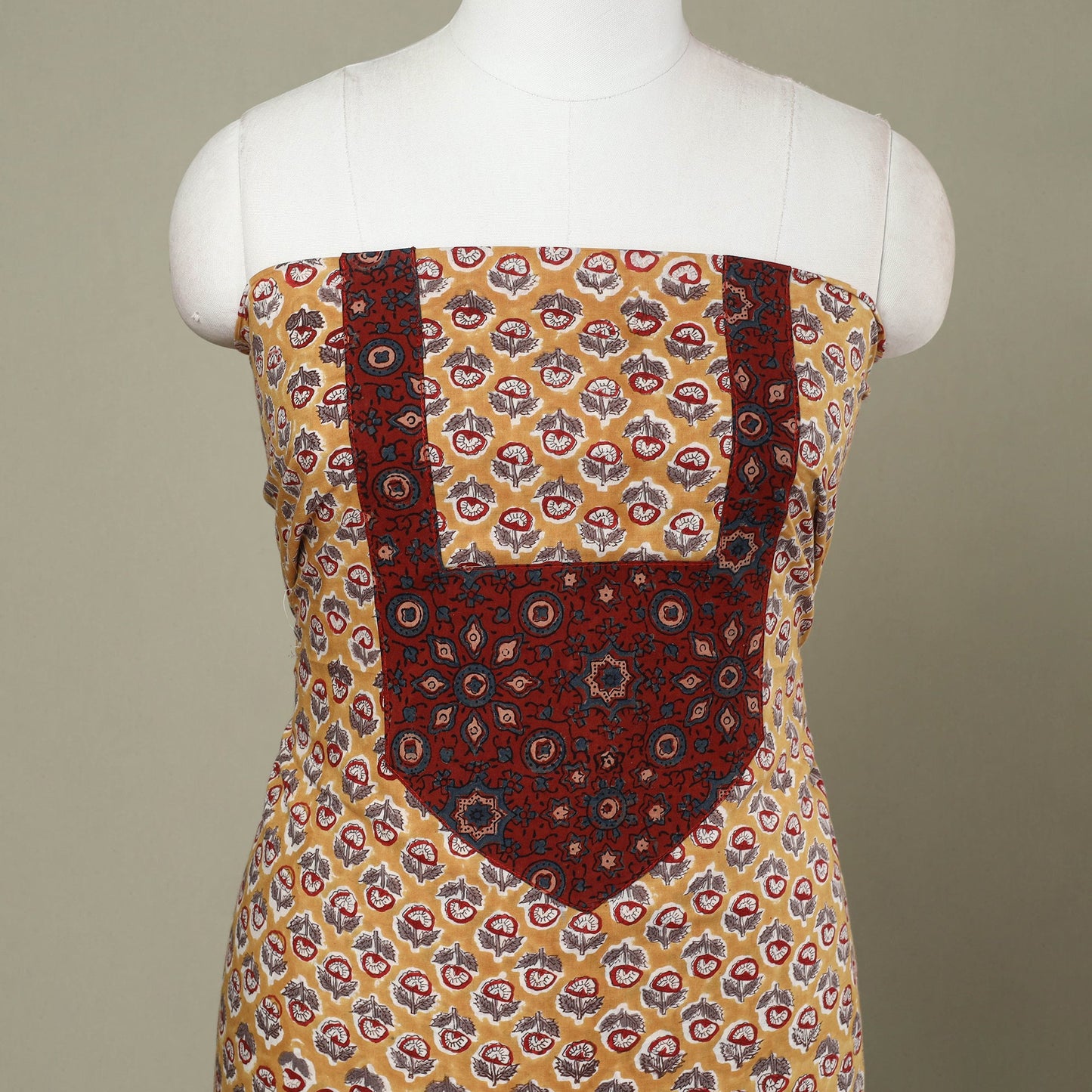 Buy Yellow Sanganeri Print Patchwork Cotton Kurta Material