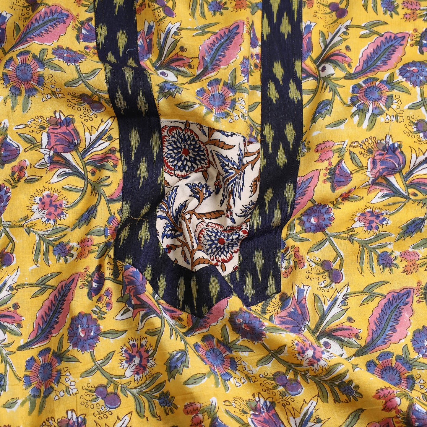 Buy Yellow Sanganeri Block Print Patchwork Kurta Material