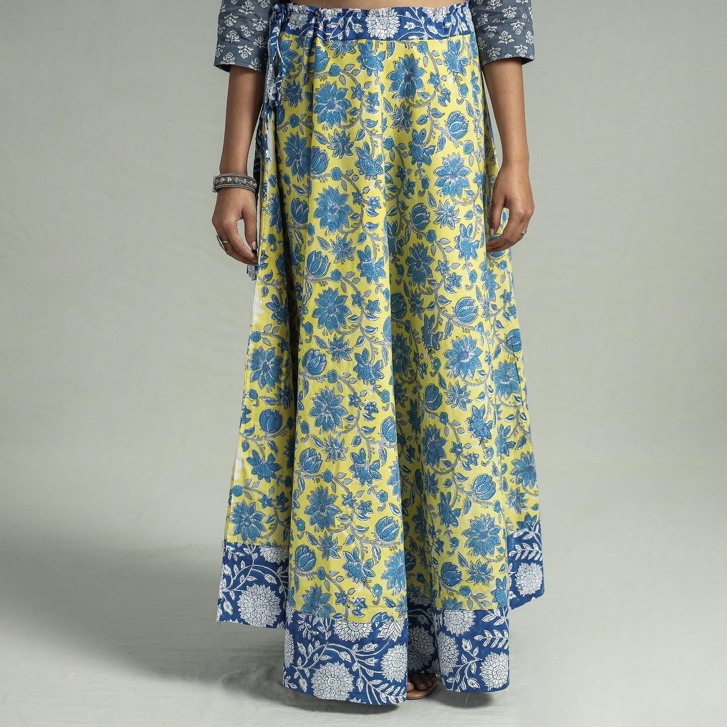 Yellow Sanganeri Block Printed Cotton Long Skirt