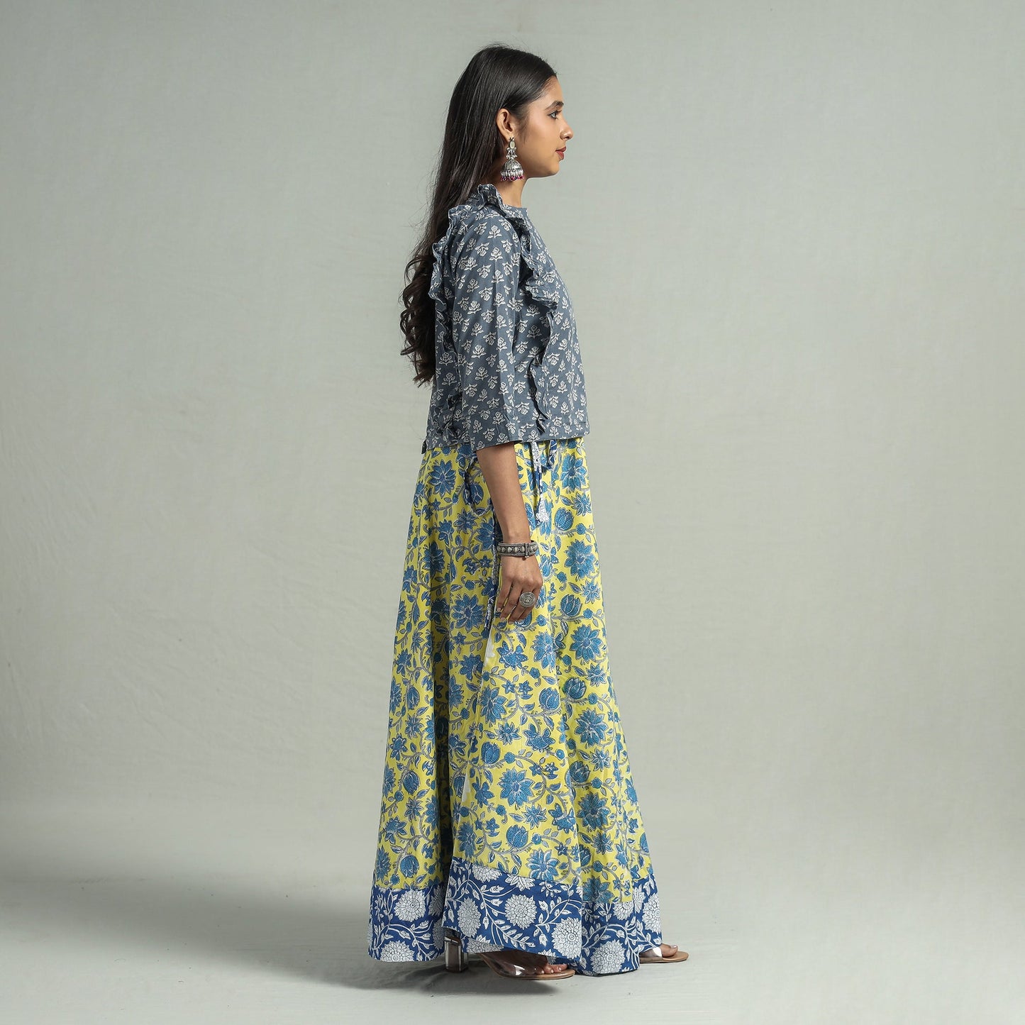 Yellow Sanganeri Block Printed Cotton Long Skirt