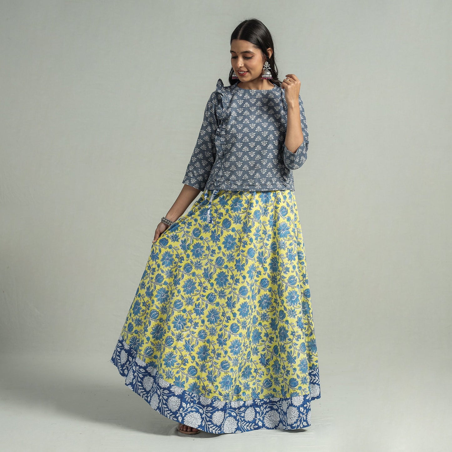 Yellow Sanganeri Block Printed Cotton Long Skirt
