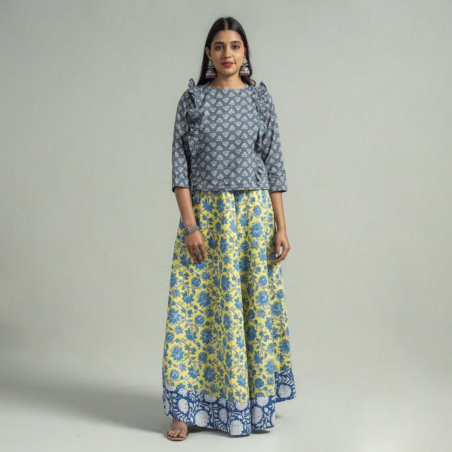 Yellow Sanganeri Block Printed Cotton Long Skirt