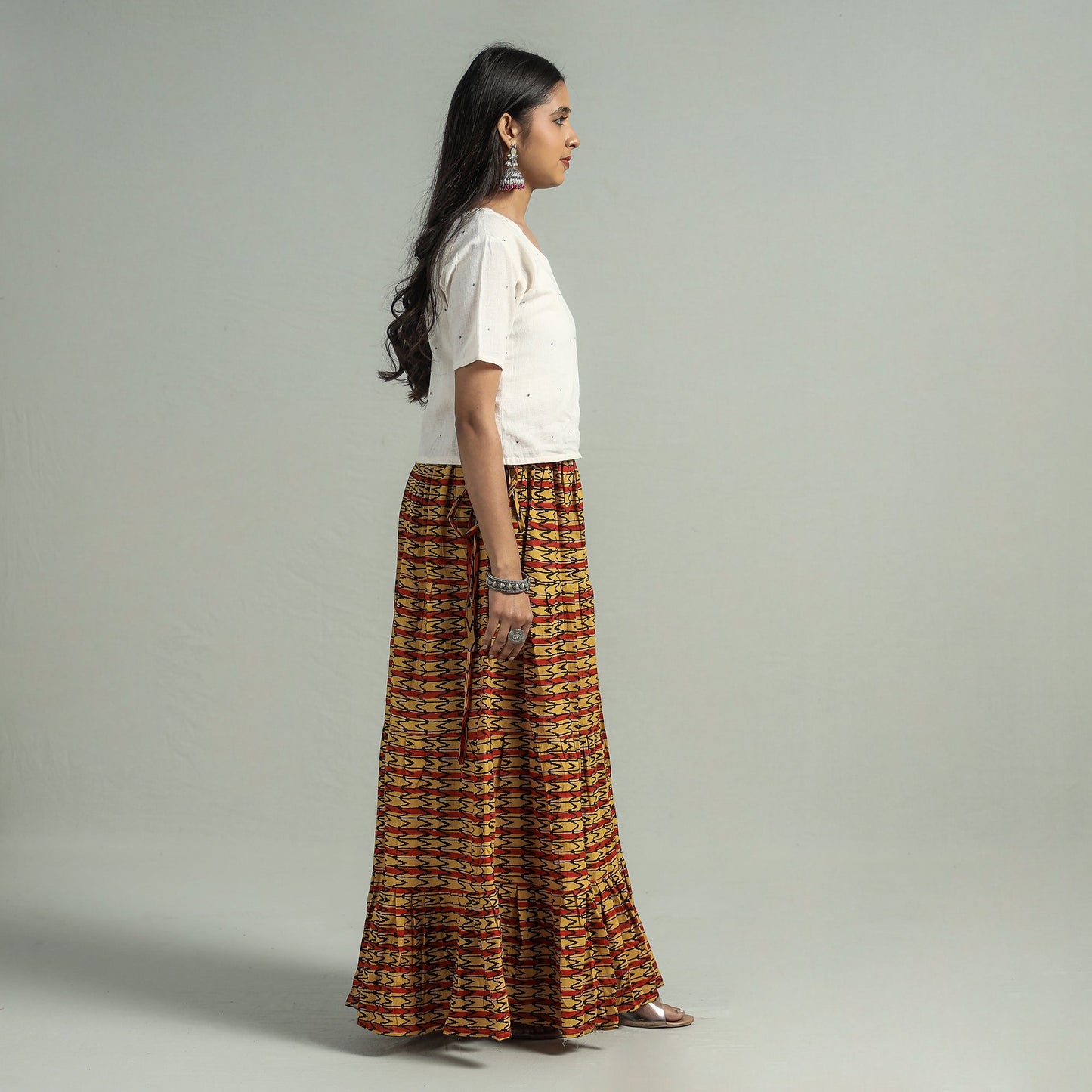 Yellow Sanganeri Block Printed Tiered Cotton Long Skirt