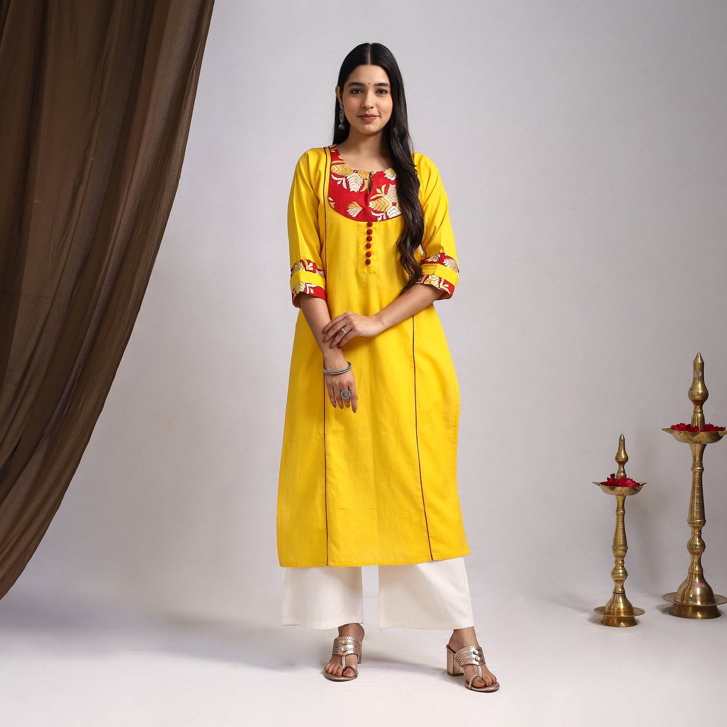 Yellow Satrangi Handcrafted Flex Cotton Straight Plain Kurta for Women