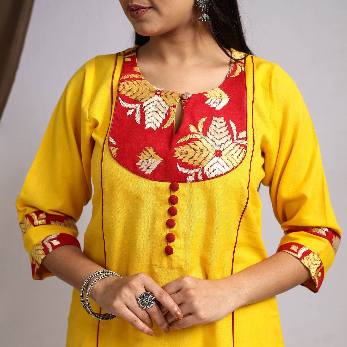 Yellow Satrangi Handcrafted Flex Cotton Straight Plain Kurta for Women