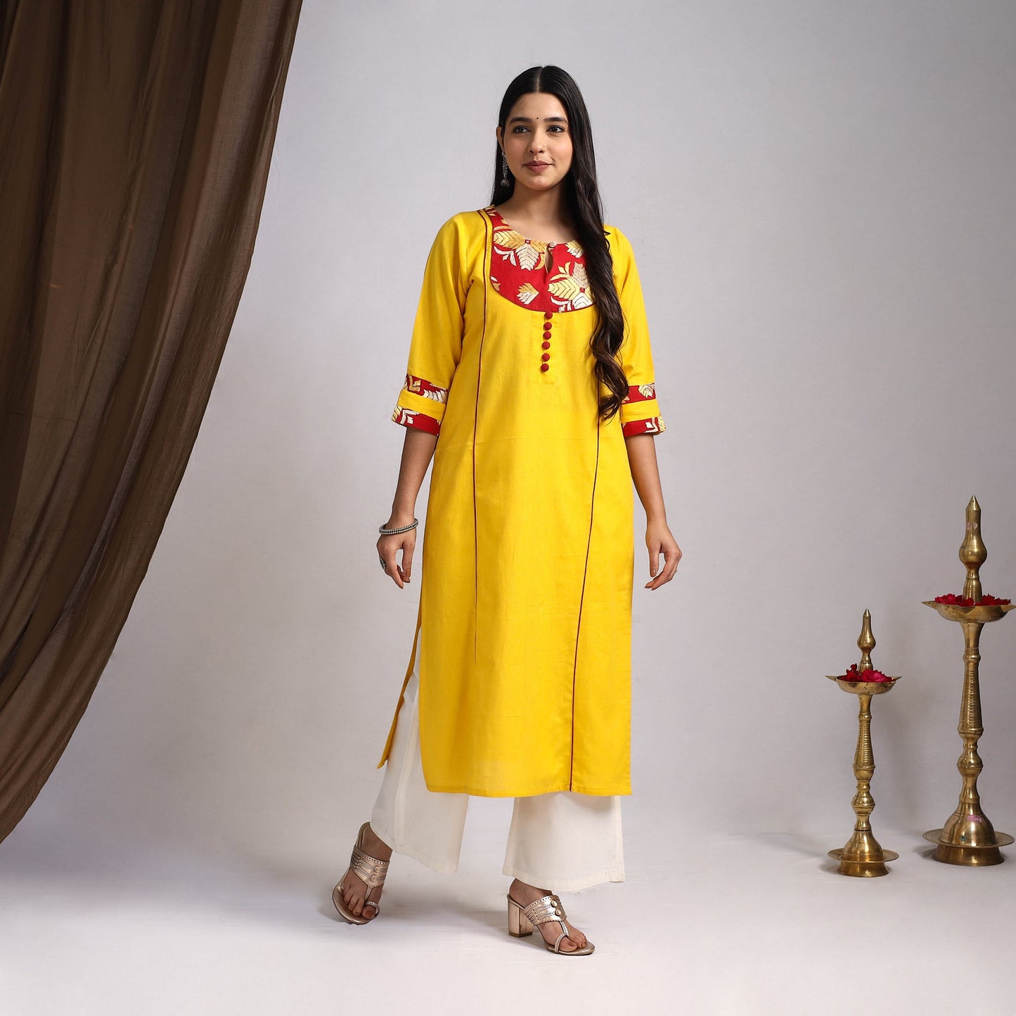 Yellow Satrangi Handcrafted Flex Cotton Straight Plain Kurta for Women