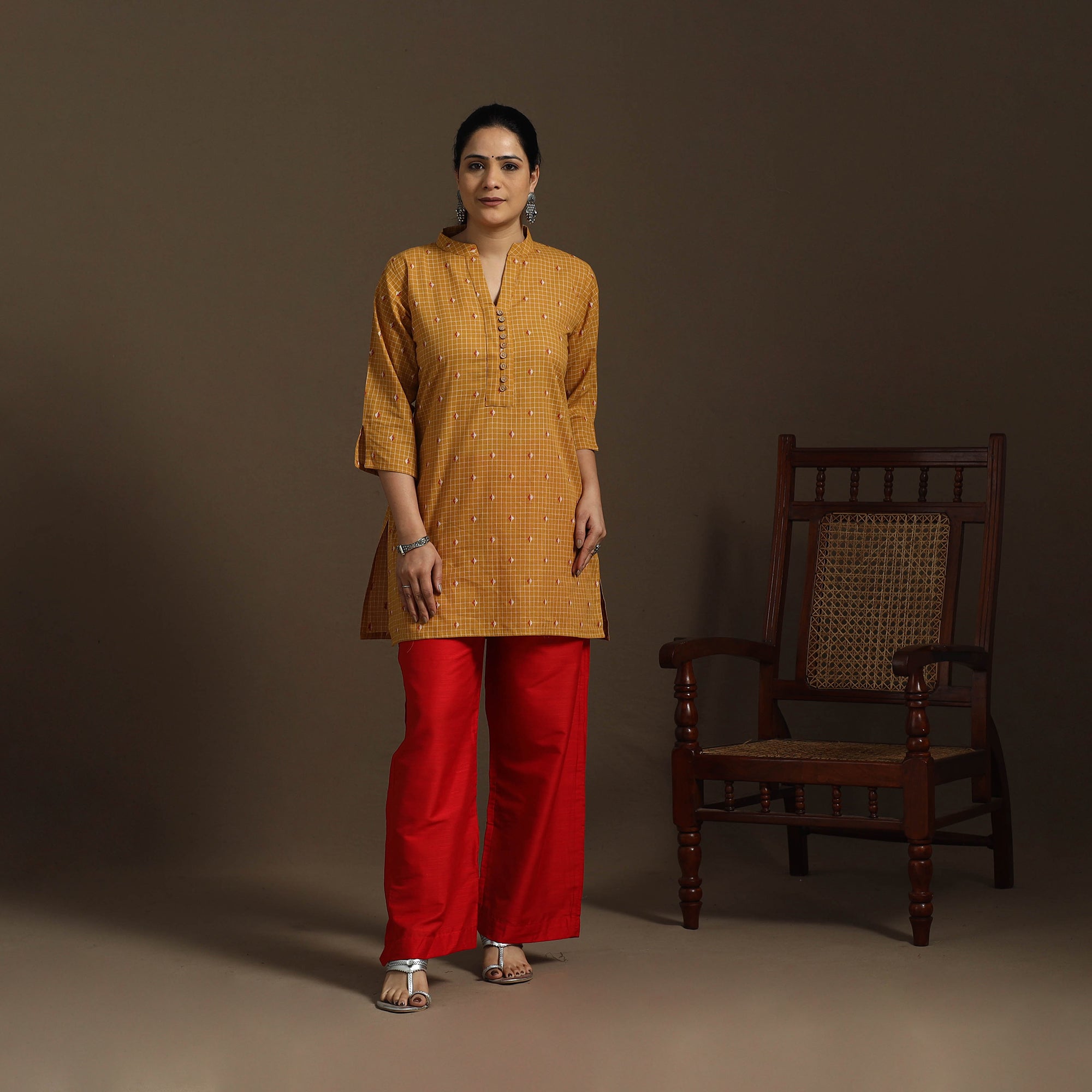 Yellow - Short Cotton Jacquard Kurta for women 20