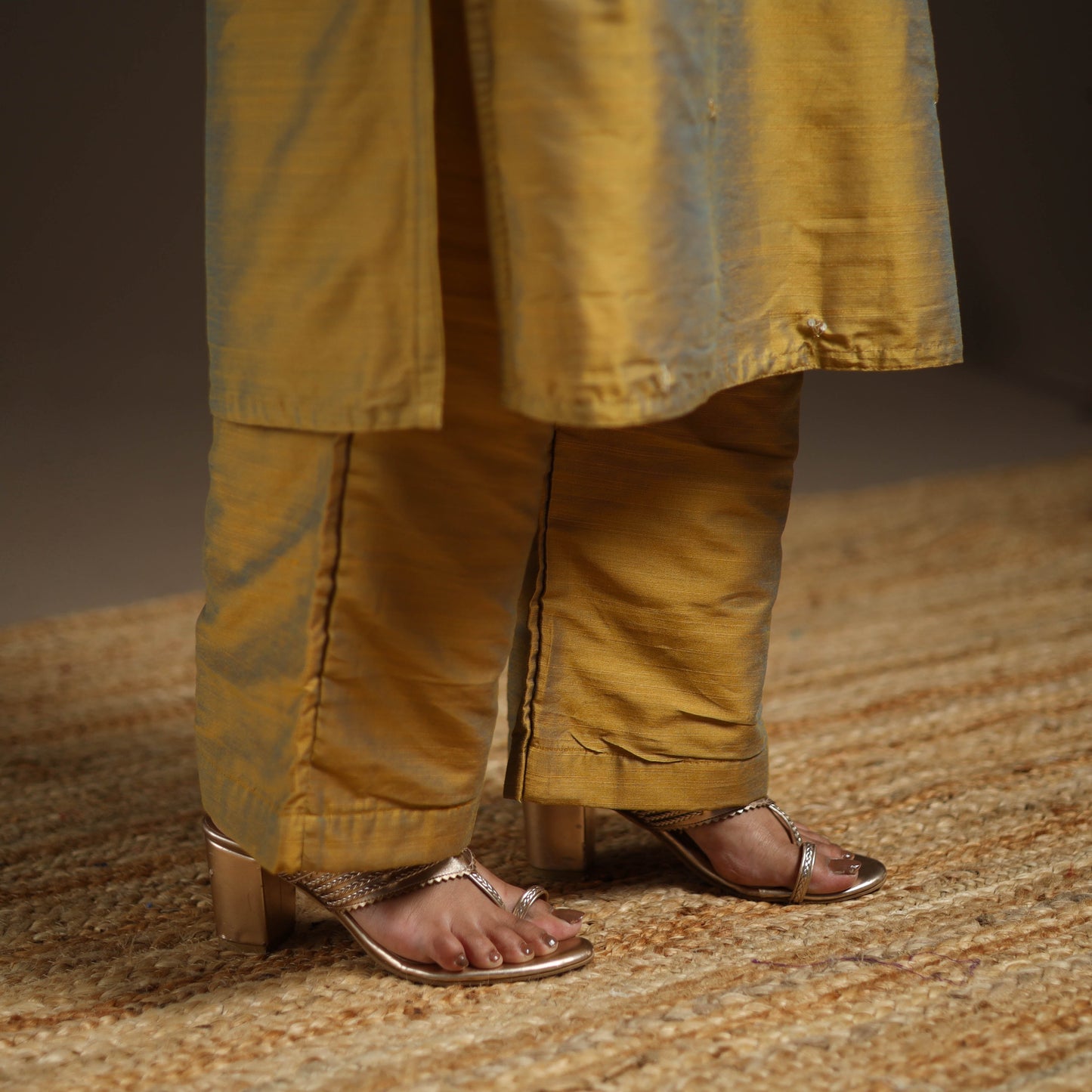 Yellow - slub silk embroidered plain kurta set (set of 3)