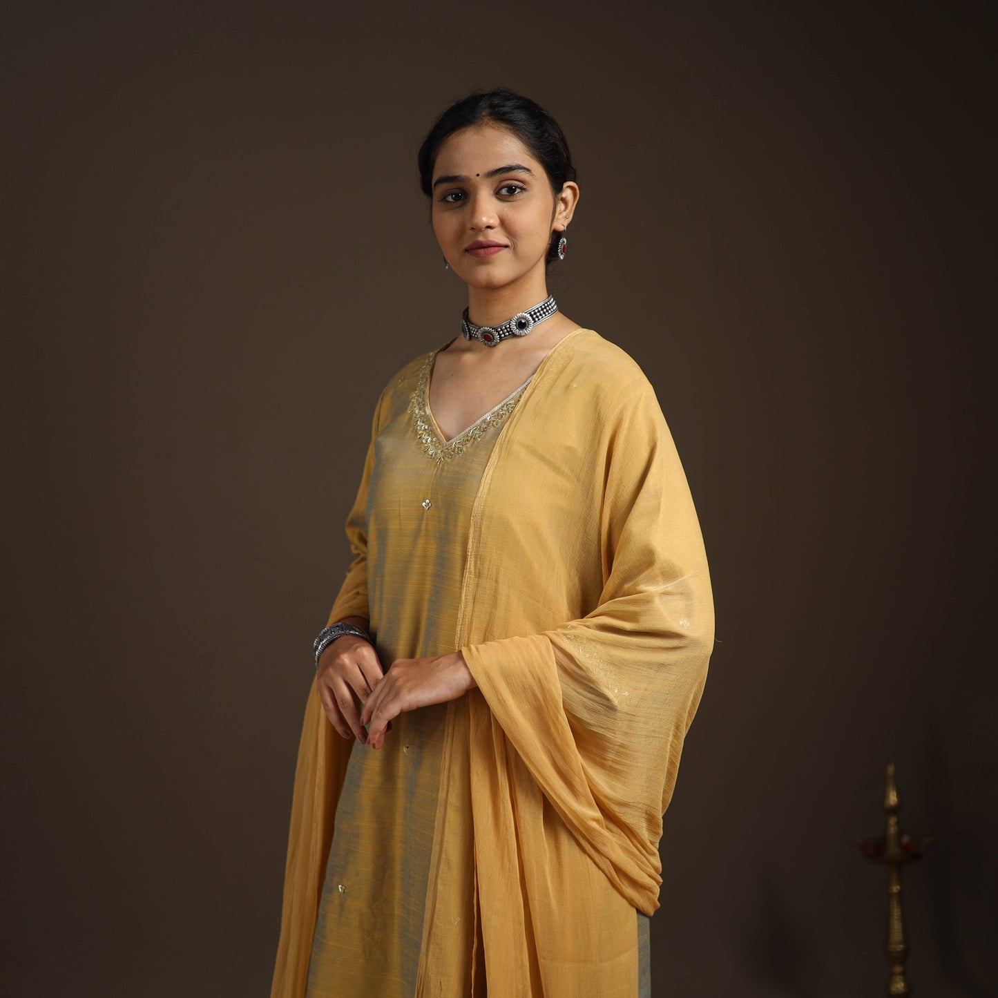 Yellow - slub silk embroidered plain kurta set (set of 3)