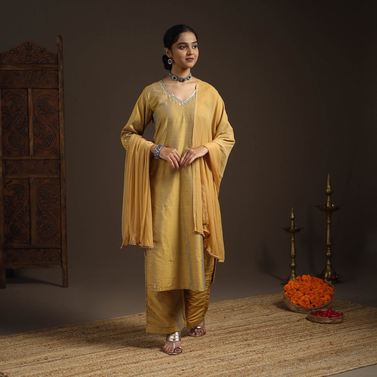 Yellow - slub silk embroidered plain kurta set (set of 3)
