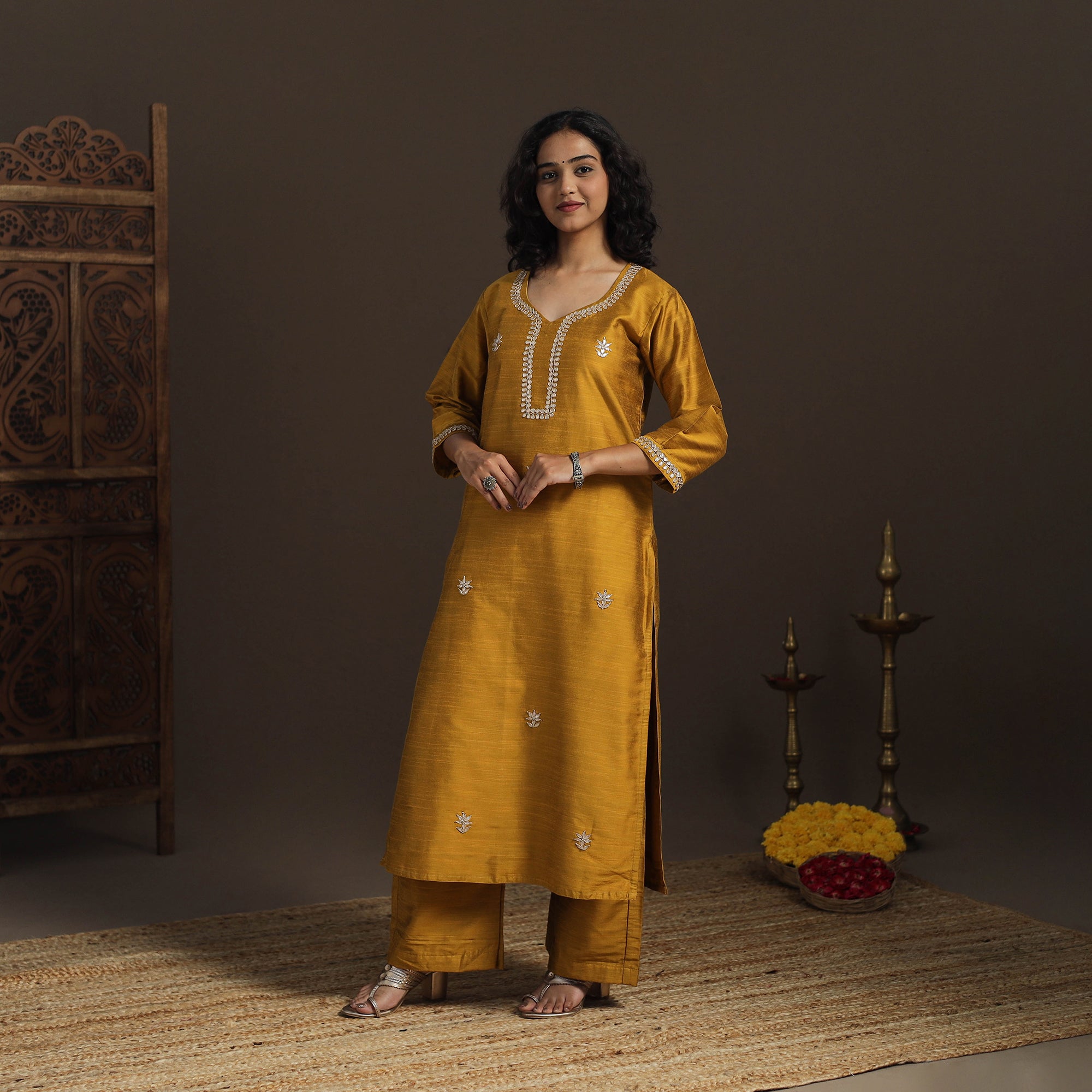 Yellow - Slub Silk Gota Work Straight Plain Long Kurta 09