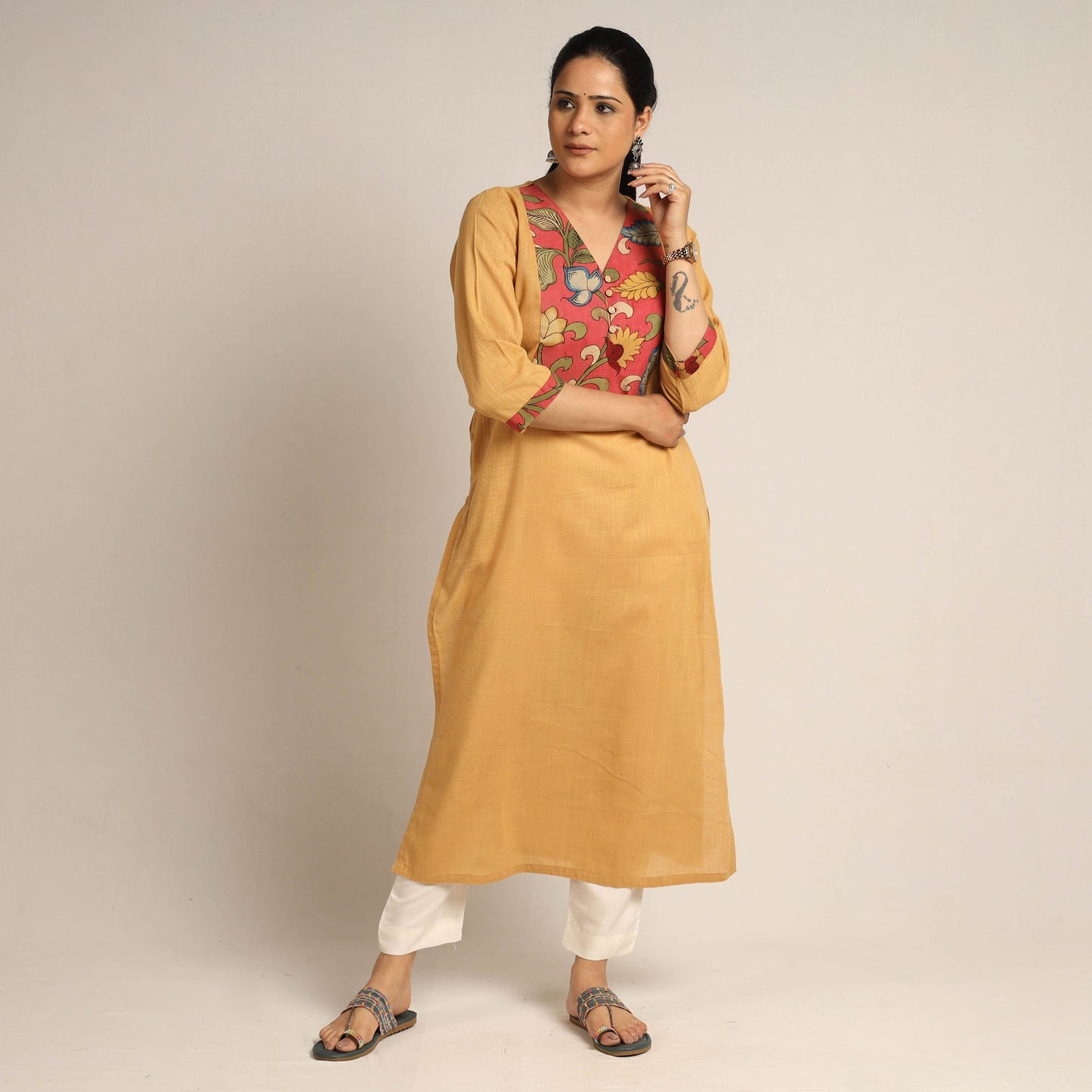 Srikalahasti Kalamkari Patchwork Plain Cotton Long Kurta
