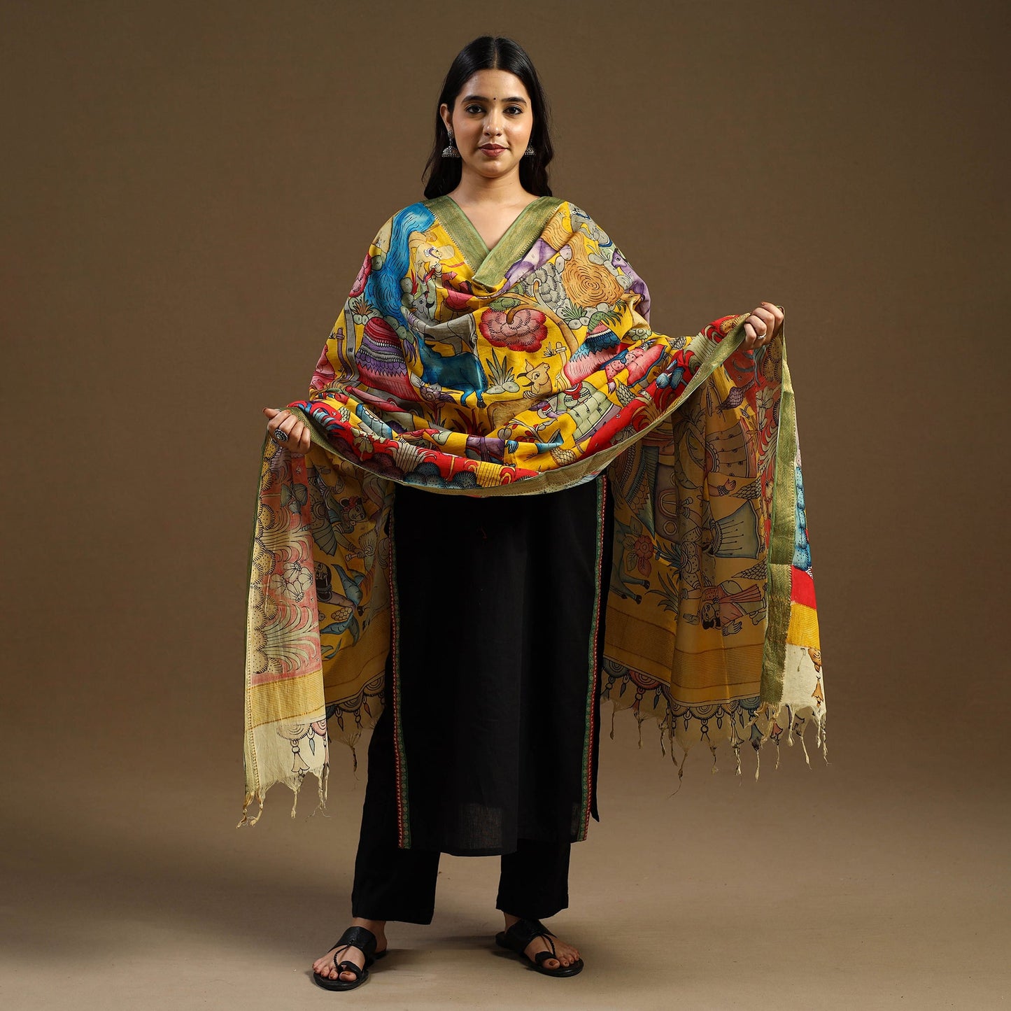 Pen Work Mangalagiri Cotton Handpainted Kalamkari Dupatta
