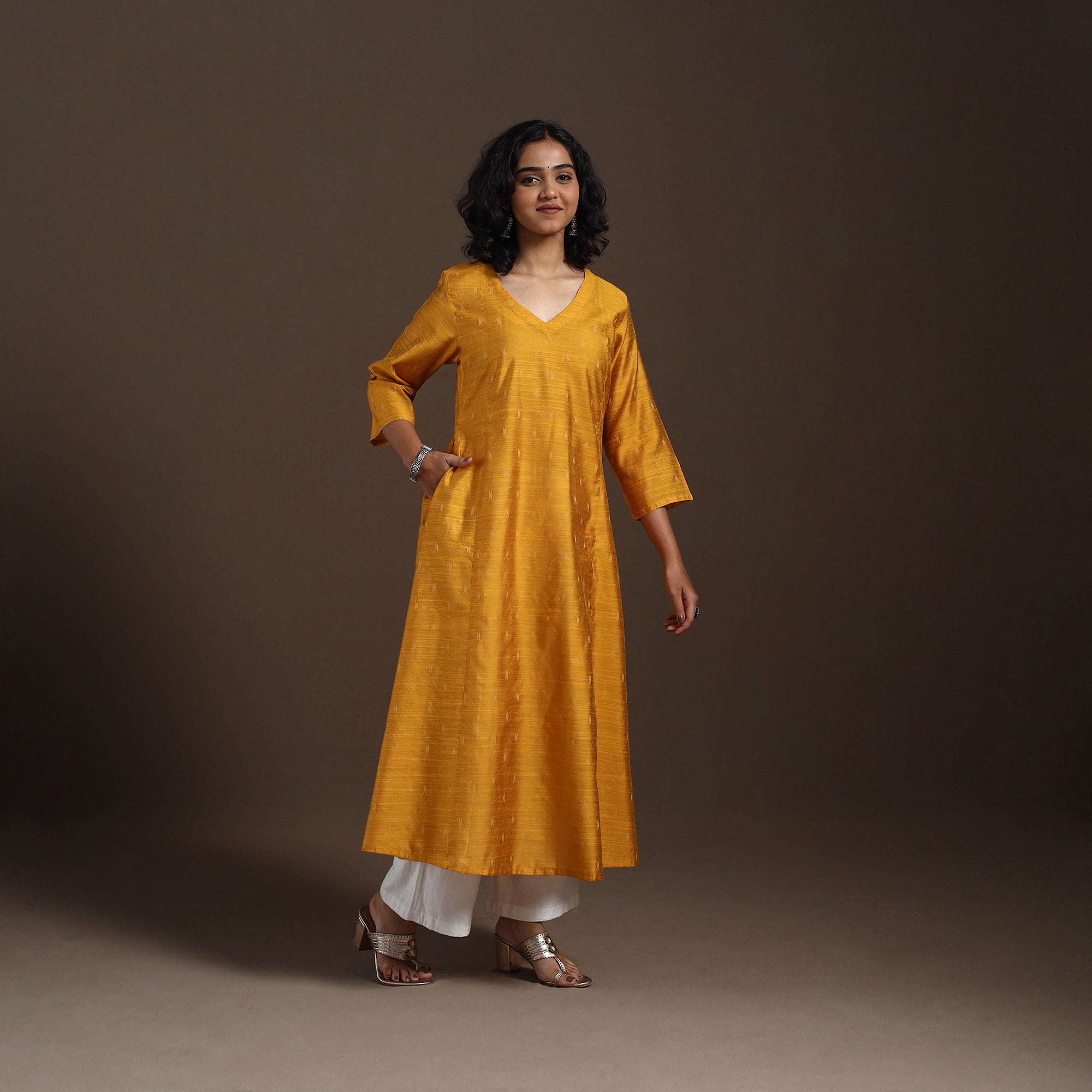 Yellow - Thread Buti A-Line Spun Dupion Silk Long Kurta 14