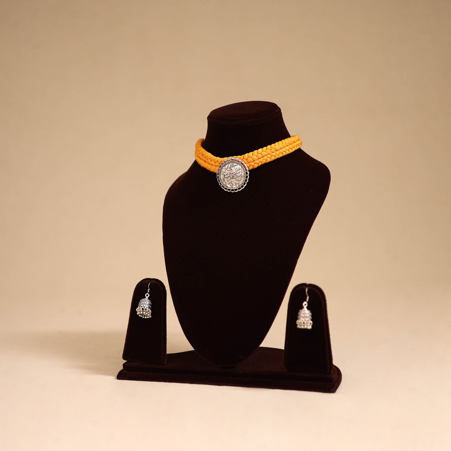Yellow - orange - thread work german silver necklace set 01