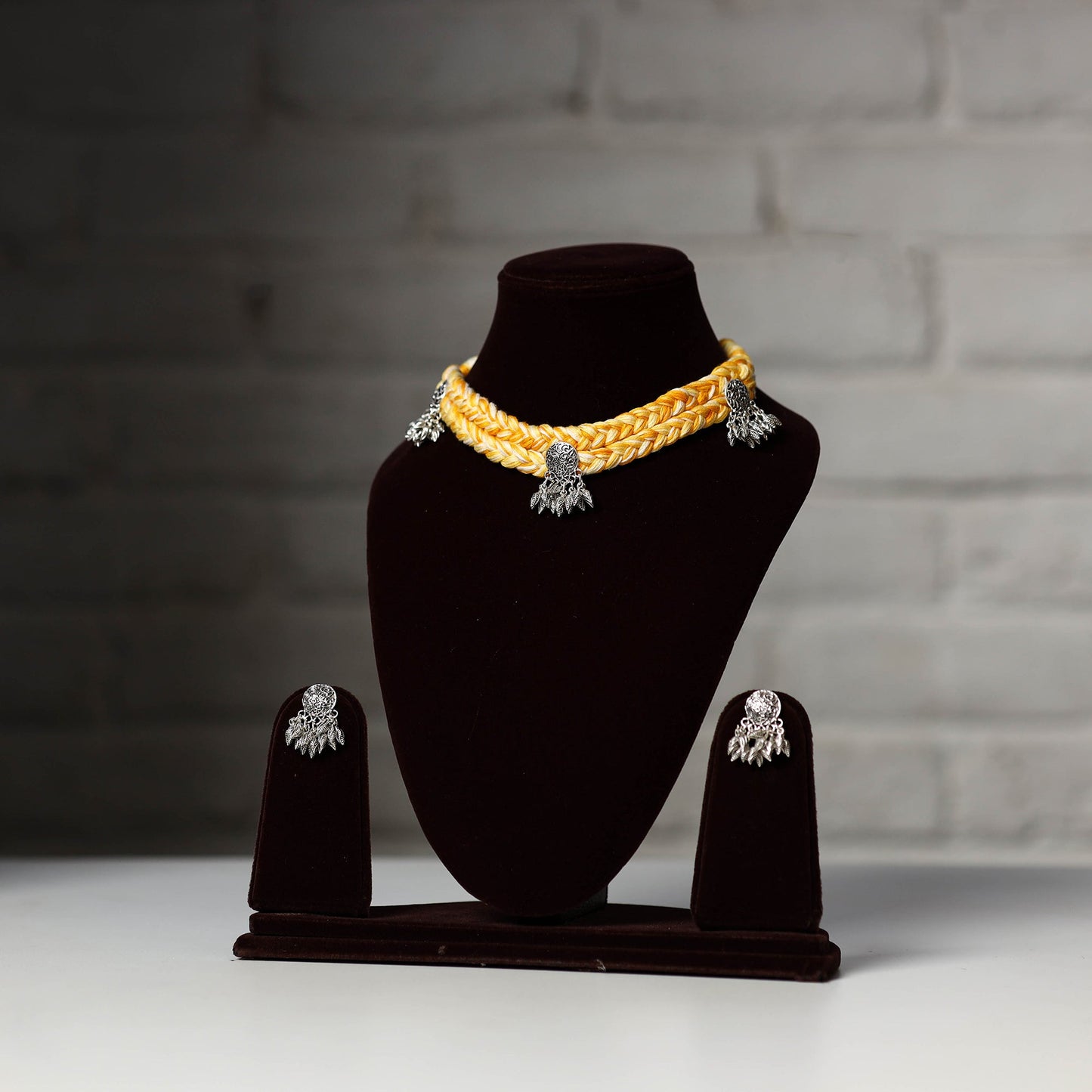Yellow - thread work german silver necklace set 10