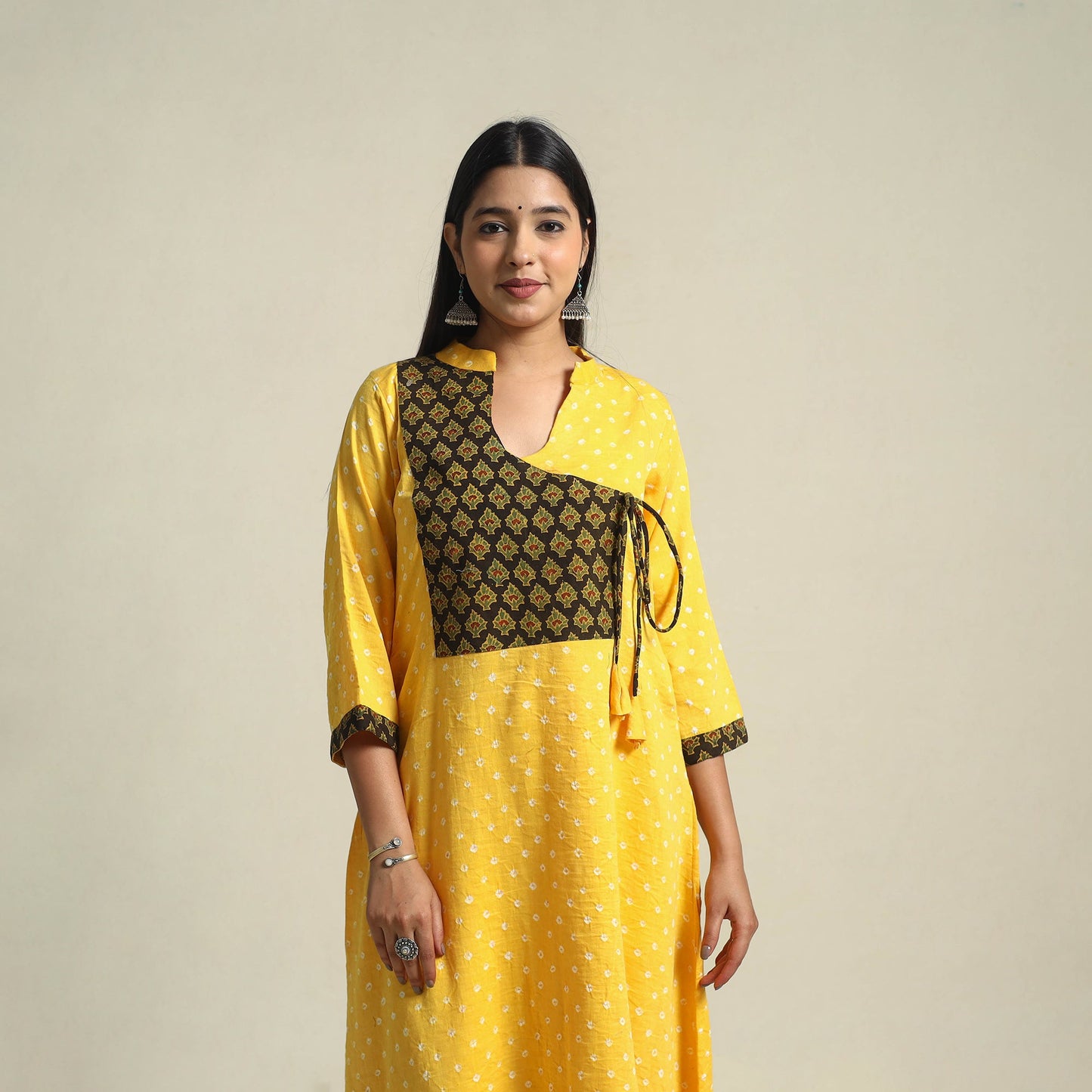 Buy Yellow Tie-dye Cotton Patchwork A-Line Bandhani Kurta for Women