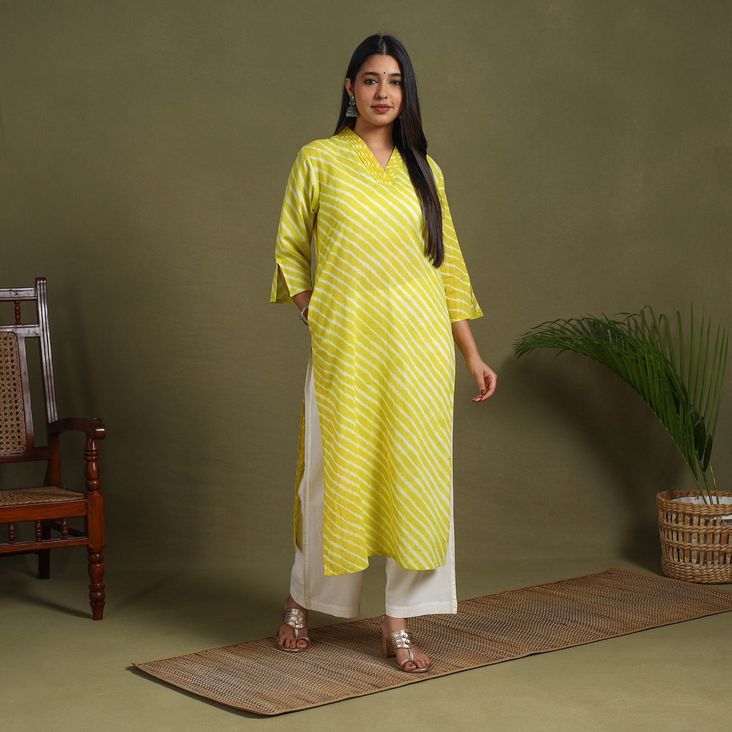 Yellow Tie-Dye Cotton Straight Leheriya Kurta