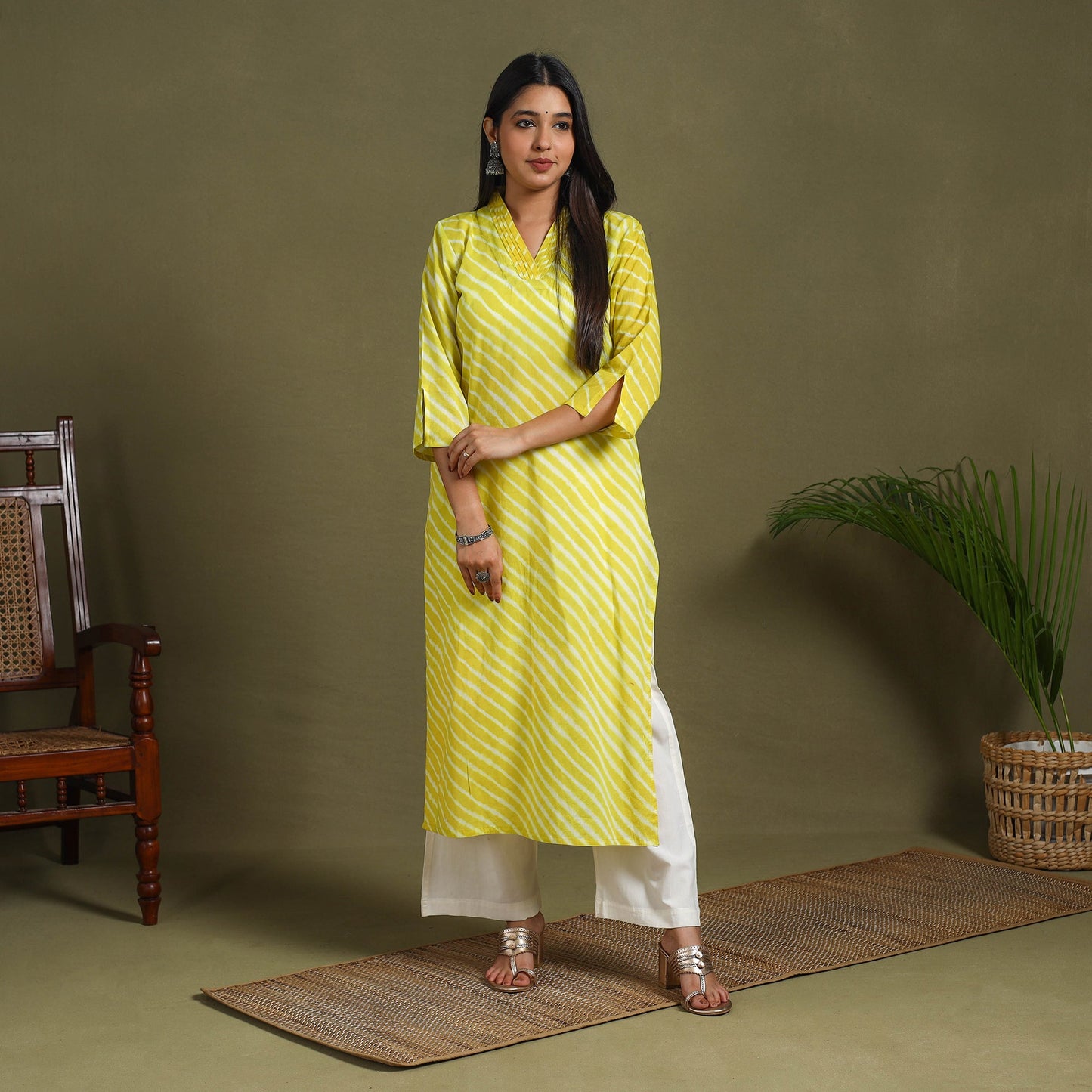 Yellow Tie-Dye Cotton Straight Leheriya Kurta