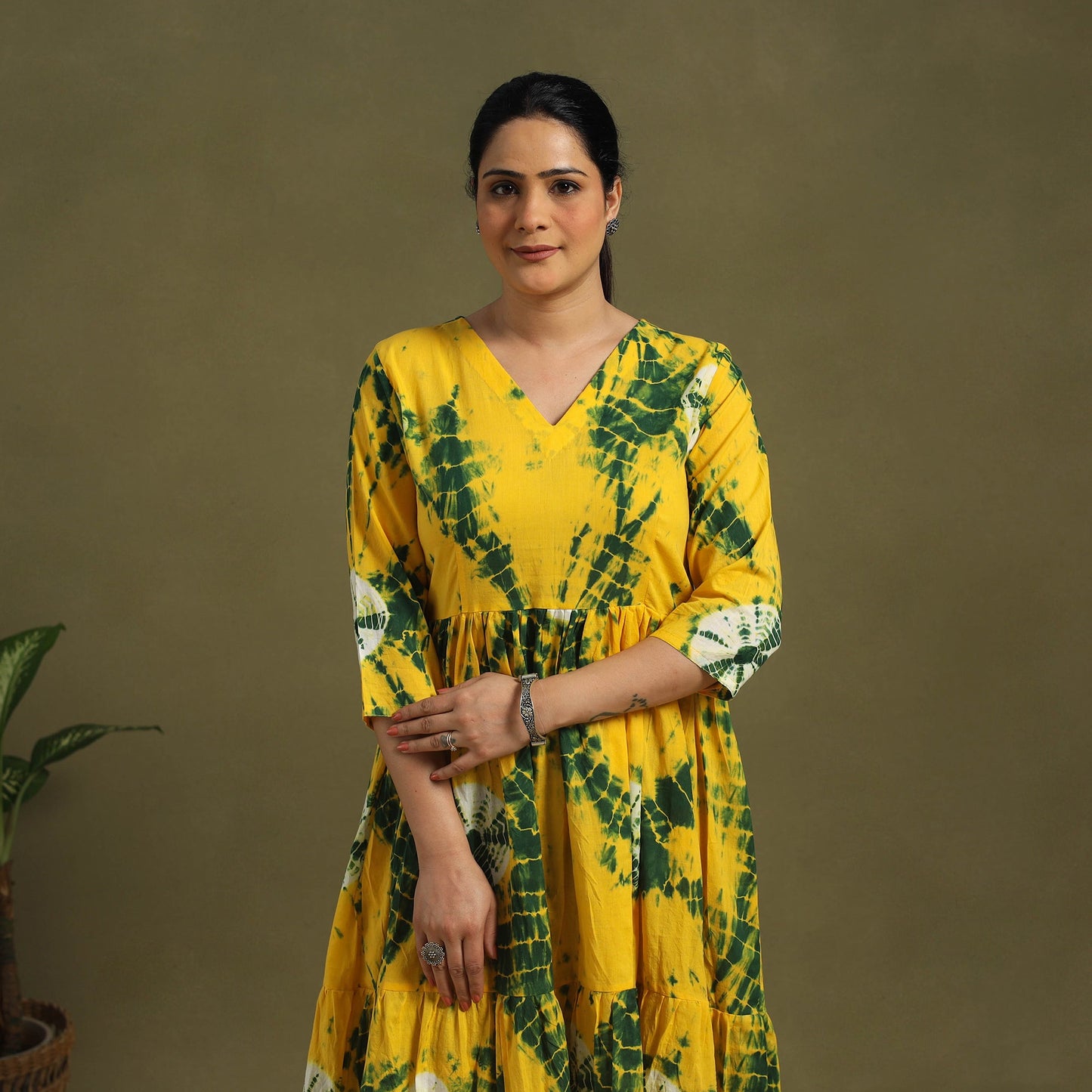 Yellow Tie-Dye Cotton Tiered Shibori Dress