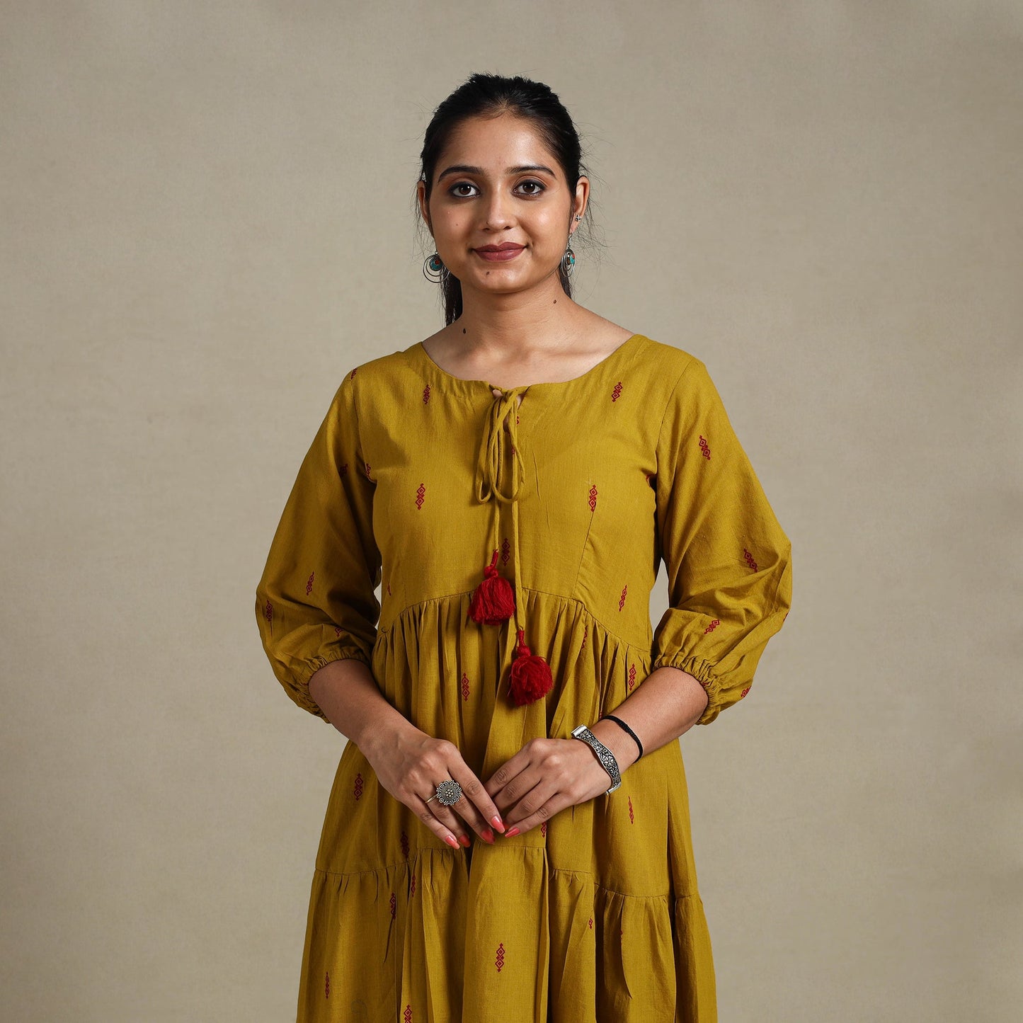 Yellow Tiered Fit & Flare Cotton Green Jacquard Dress