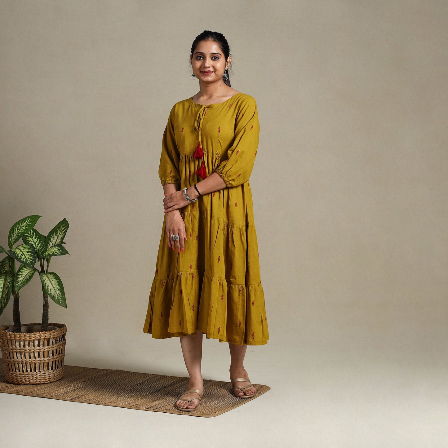 Yellow Tiered Fit & Flare Cotton Green Jacquard Dress