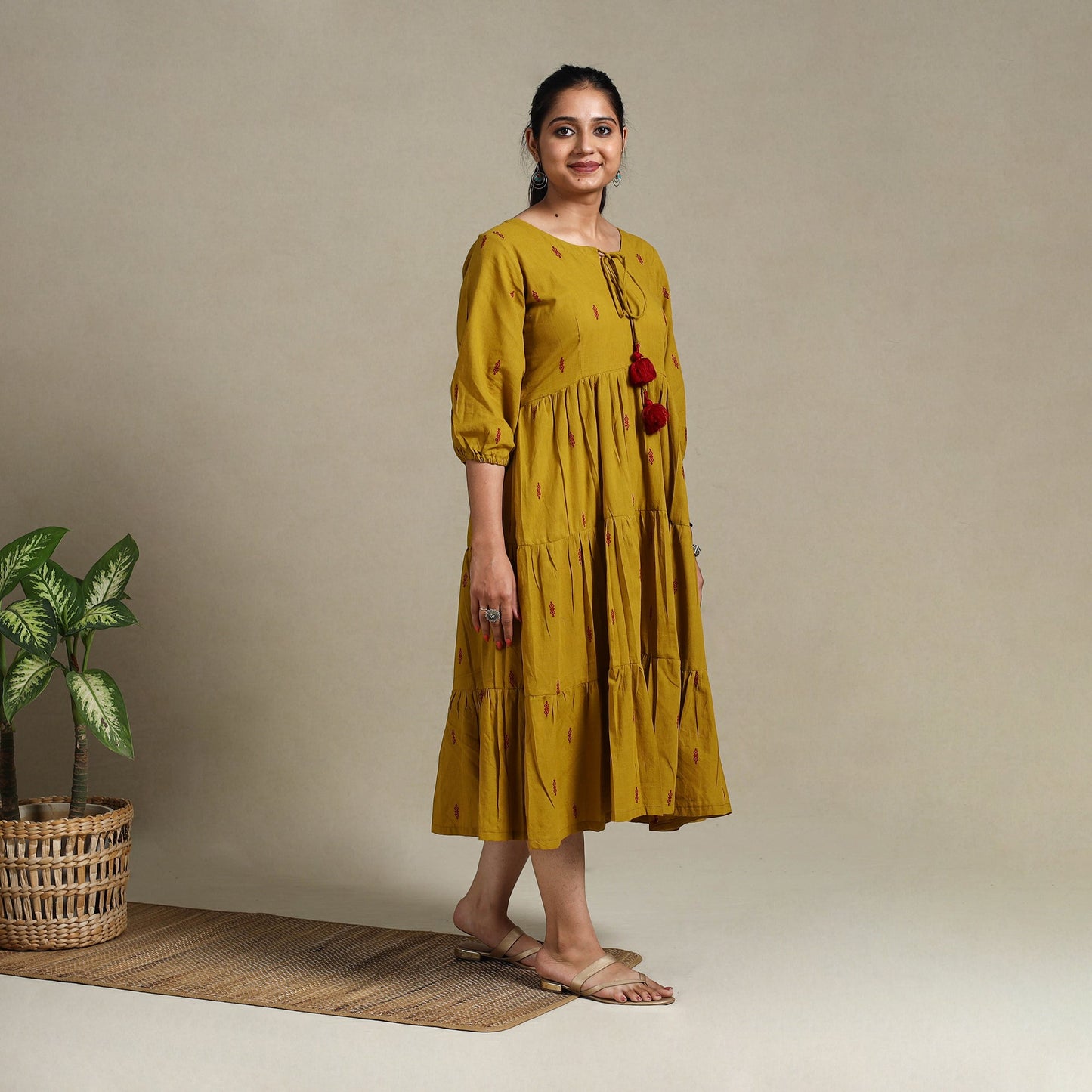 Yellow Tiered Fit & Flare Cotton Green Jacquard Dress