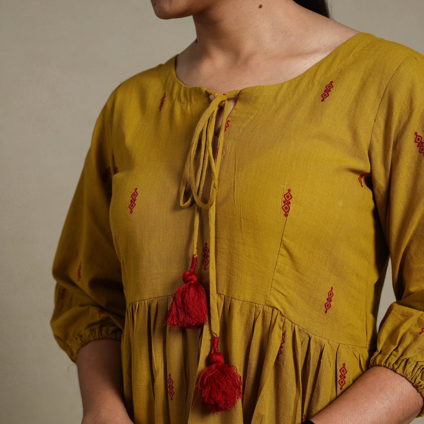 Yellow Tiered Fit & Flare Cotton Green Jacquard Dress