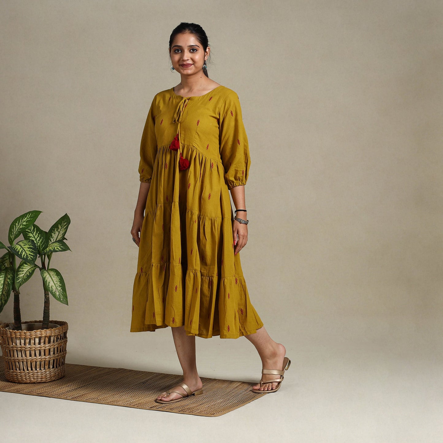 Yellow Tiered Fit & Flare Cotton Green Jacquard Dress