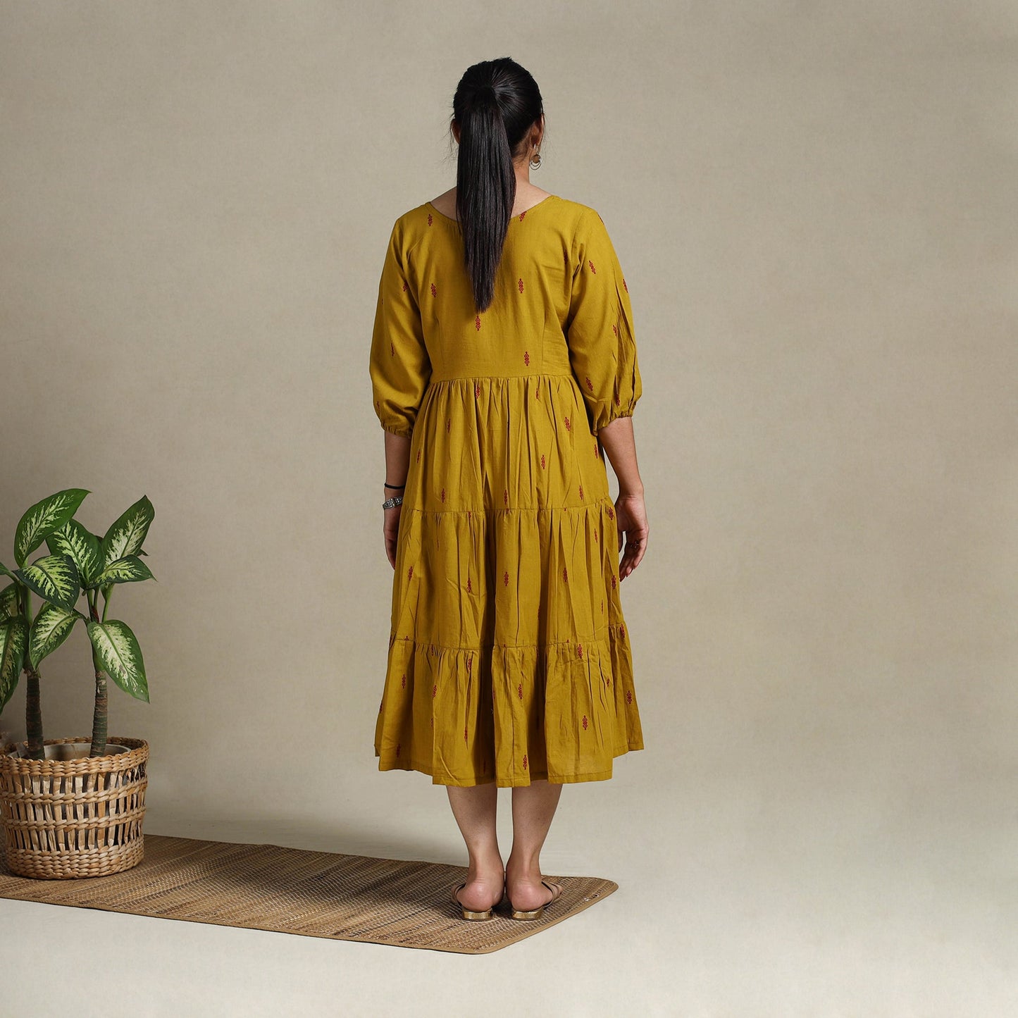 Yellow Tiered Fit & Flare Cotton Green Jacquard Dress