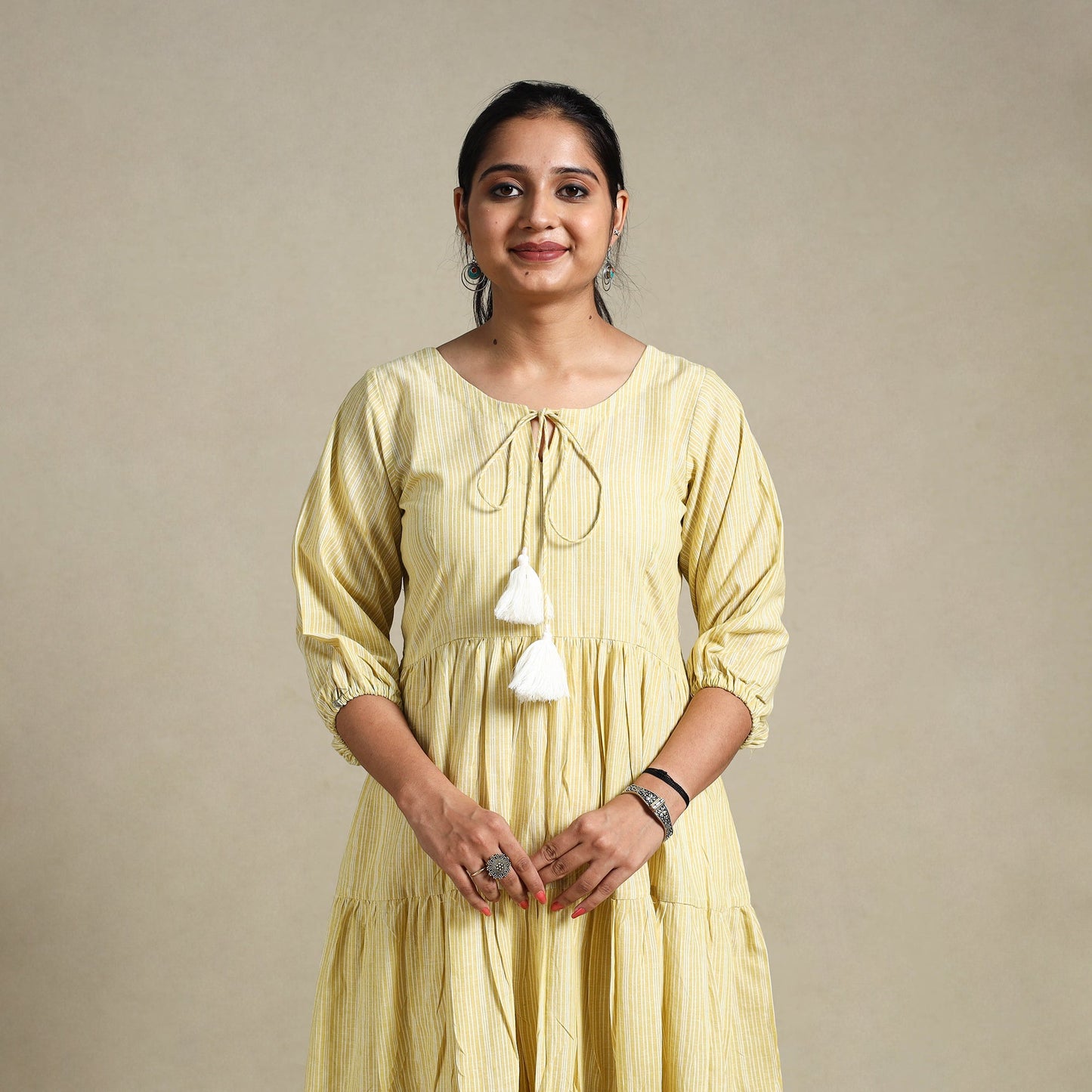 Yellow Tiered Fit & Flare Cotton Green Jacquard Dress