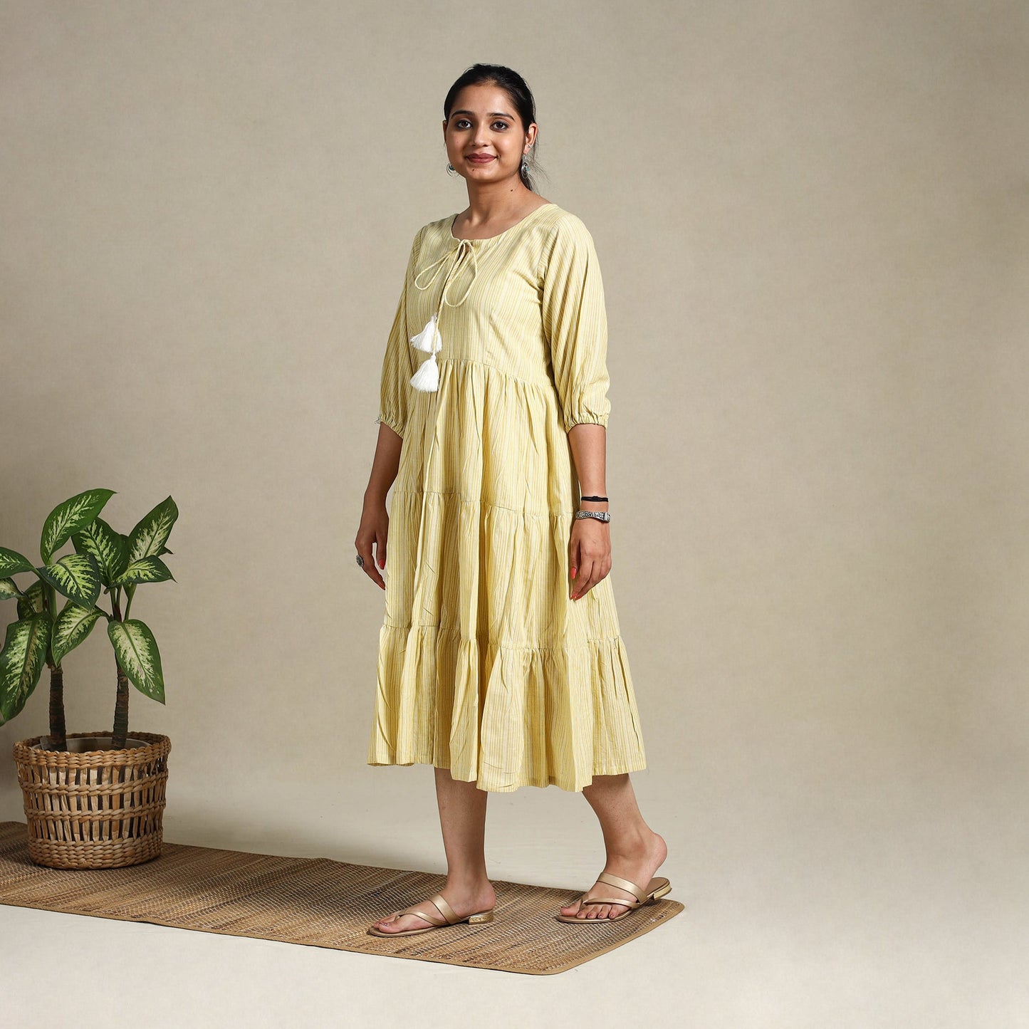 Yellow Tiered Fit & Flare Cotton Green Jacquard Dress
