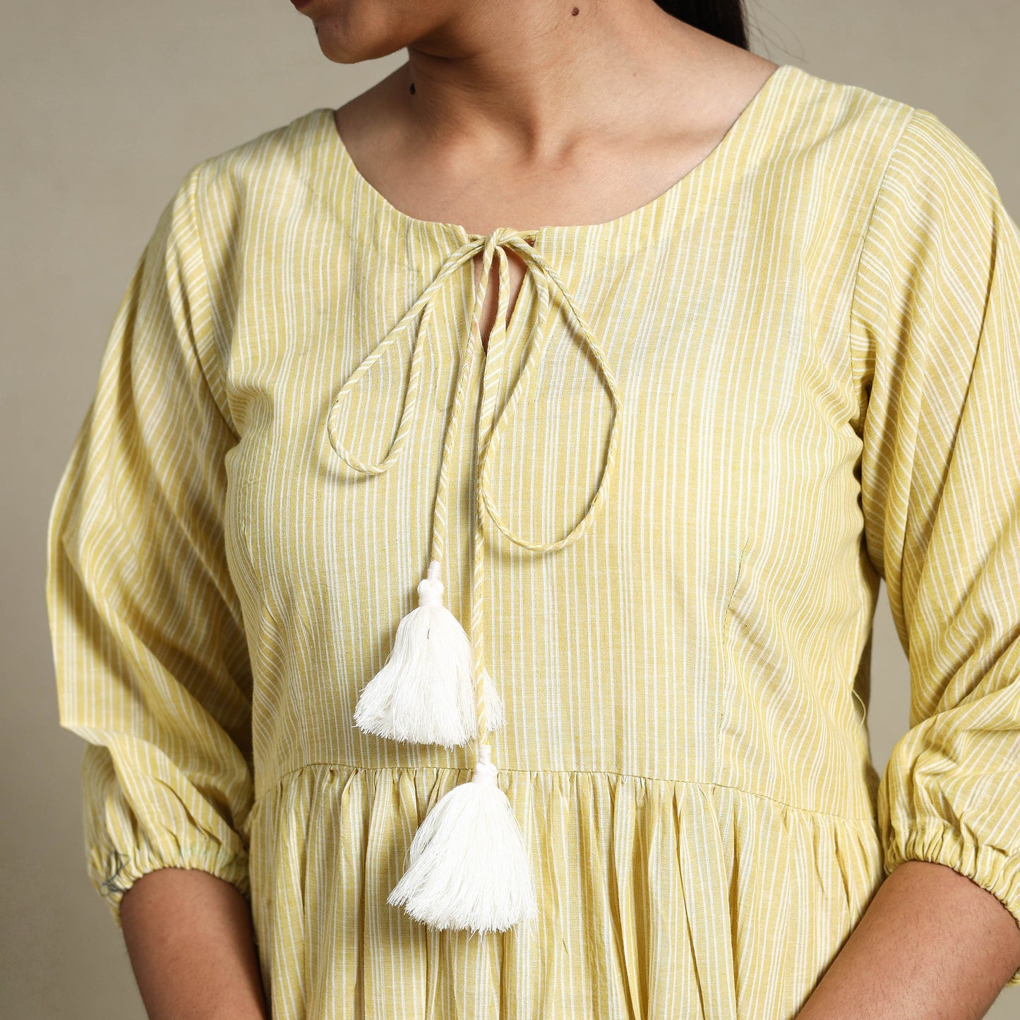 Yellow Tiered Fit & Flare Cotton Green Jacquard Dress