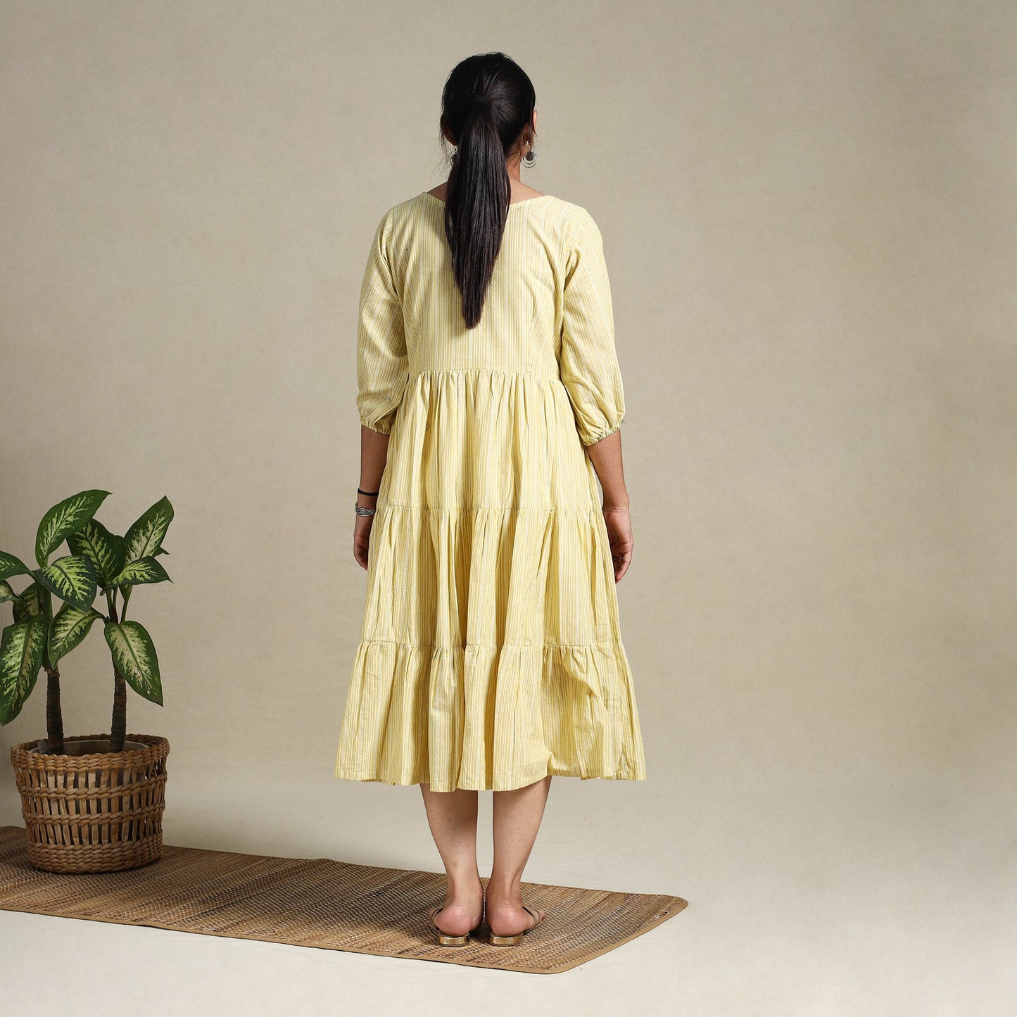 Yellow Tiered Fit & Flare Cotton Green Jacquard Dress