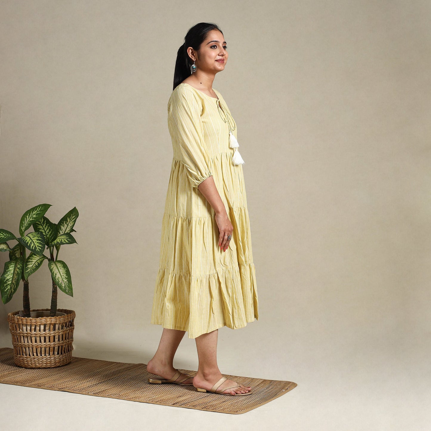 Yellow Tiered Fit & Flare Cotton Green Jacquard Dress